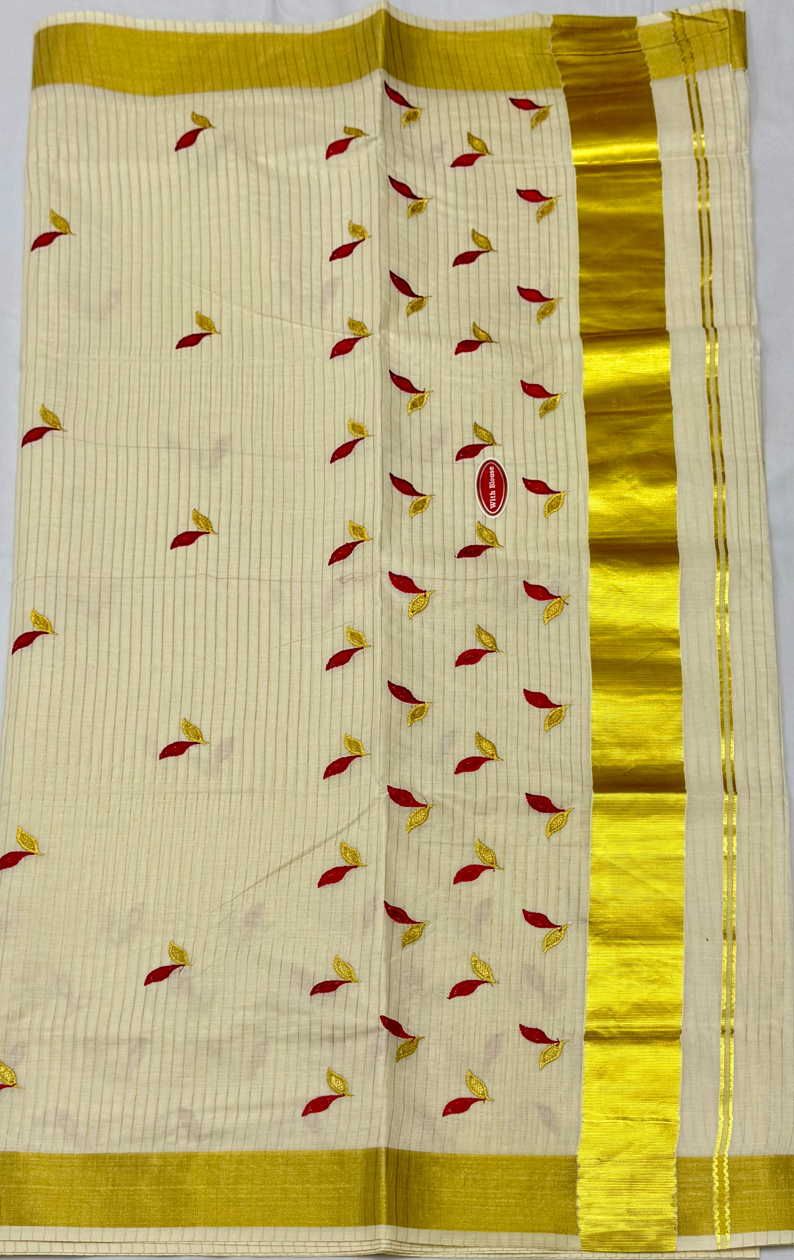 KERALA KASAVU COTTON EMBROIDERY SAREE - (OFF WHITE,GOLD)