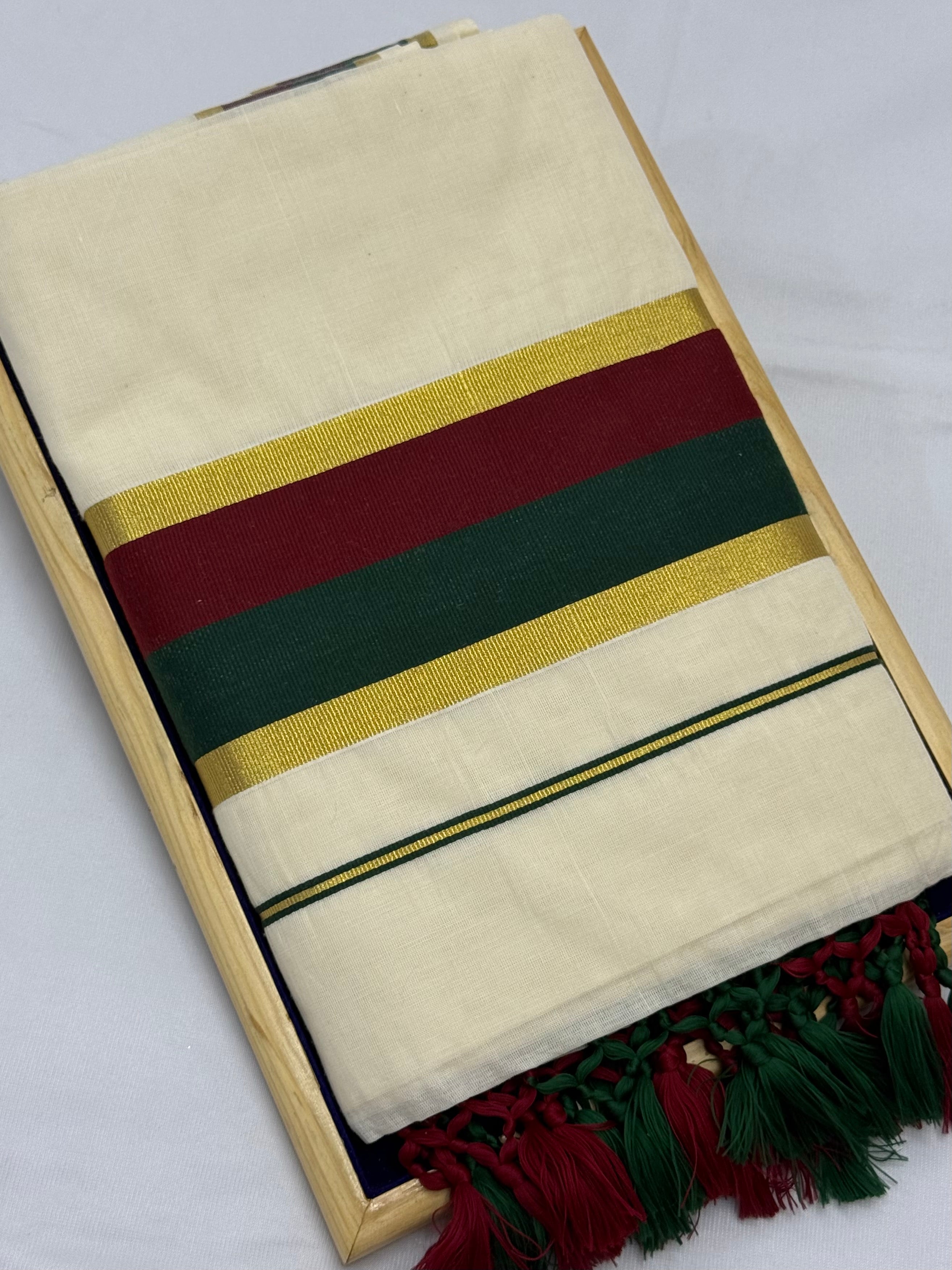 MULTI COLOUR STRIPES GOLDEN KASAVU COTTON SAREE - (OFF WHITE,GOLD)