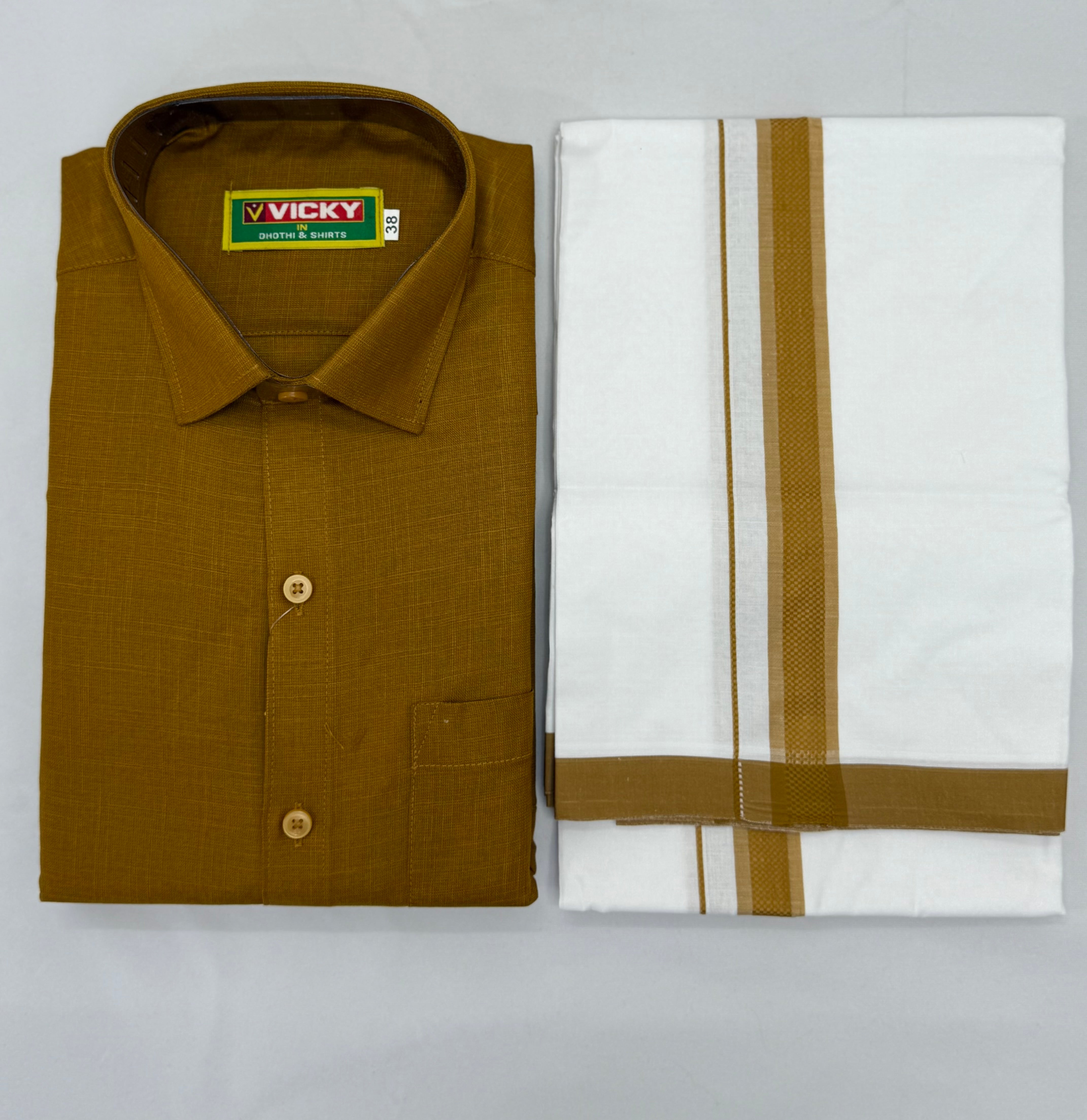 MEN'S MATCHING FANCY BORDER SINGLE DHOTI & SHIRT SET - MUSTARD