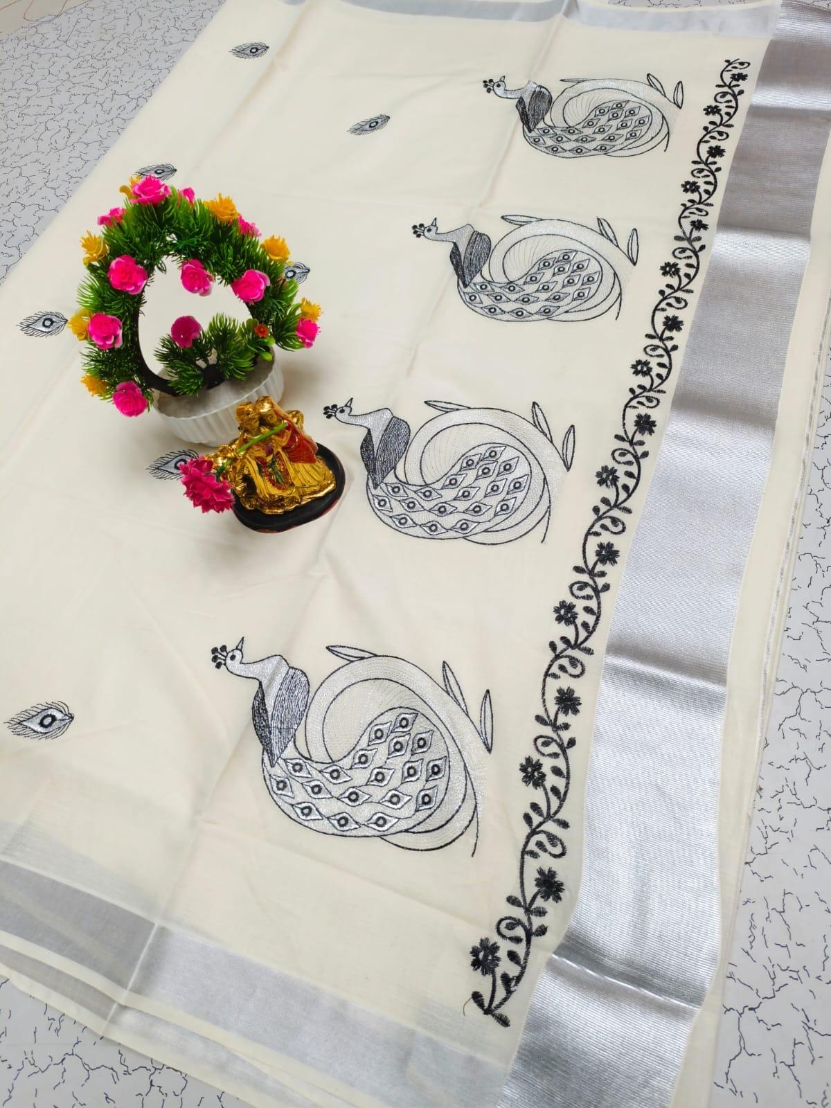 EMBROIDERED KERALA KASAVU COTTON SAREE(SILVER)