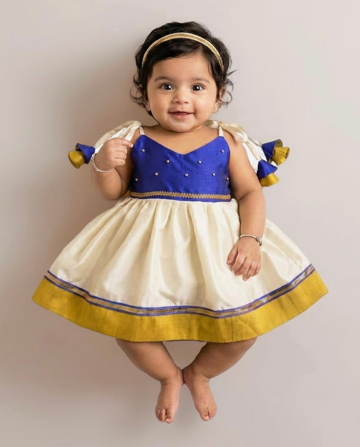 BABY GIRL STYLISH BANARASI SILK FROCK WITH MATCHING BOW - BLUE
