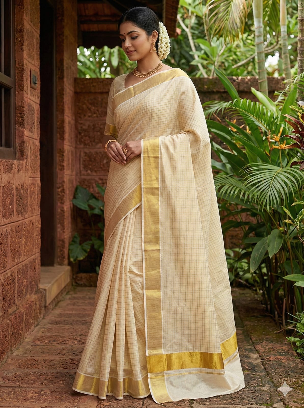 PREMIUM CHECKS TISSUE KASAVU KERALA SAREE - GOLD