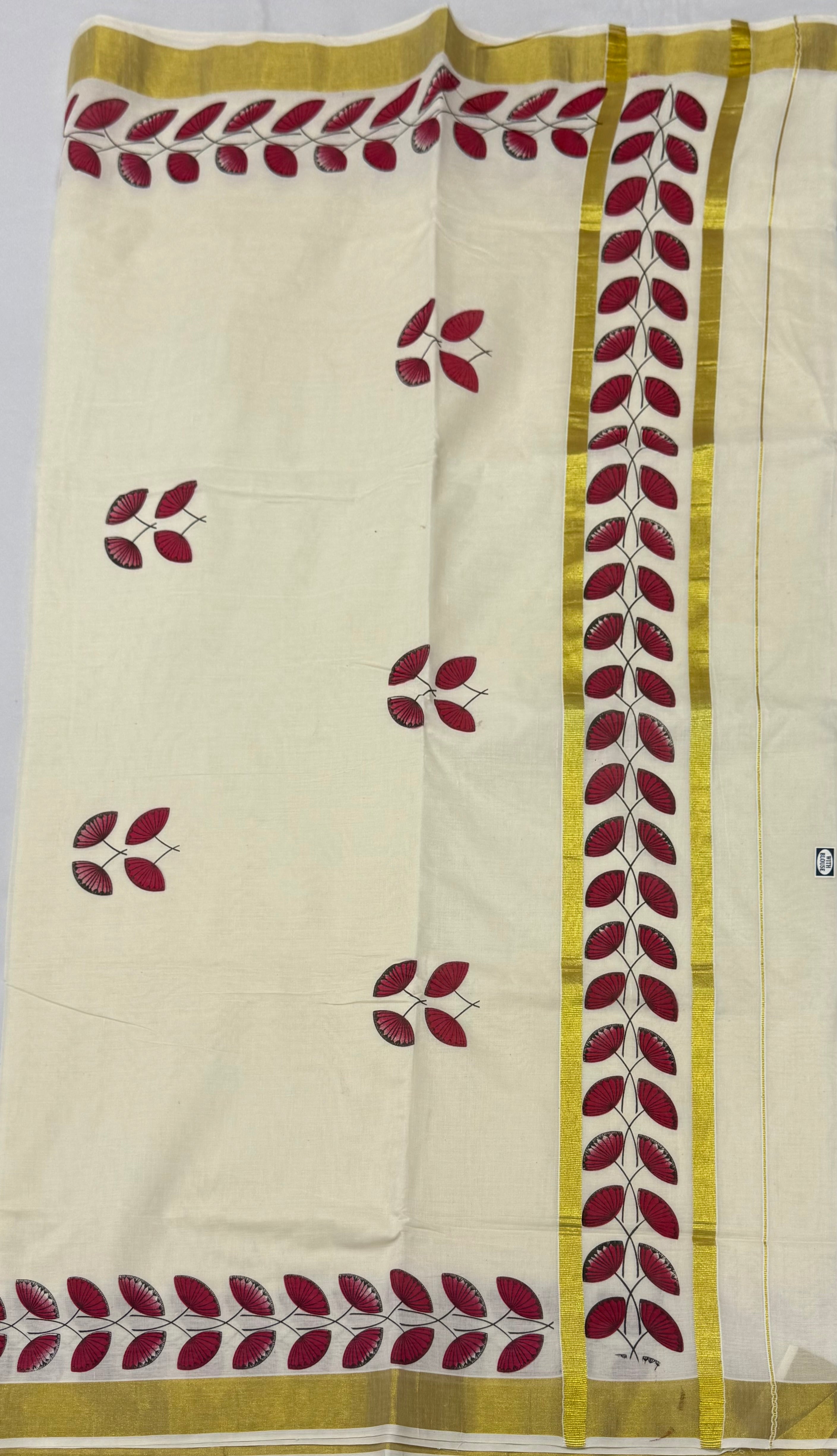 TRADITIONAL PRINTED KASAVU COTTON SAREE (OFF WHITE,GOLD)