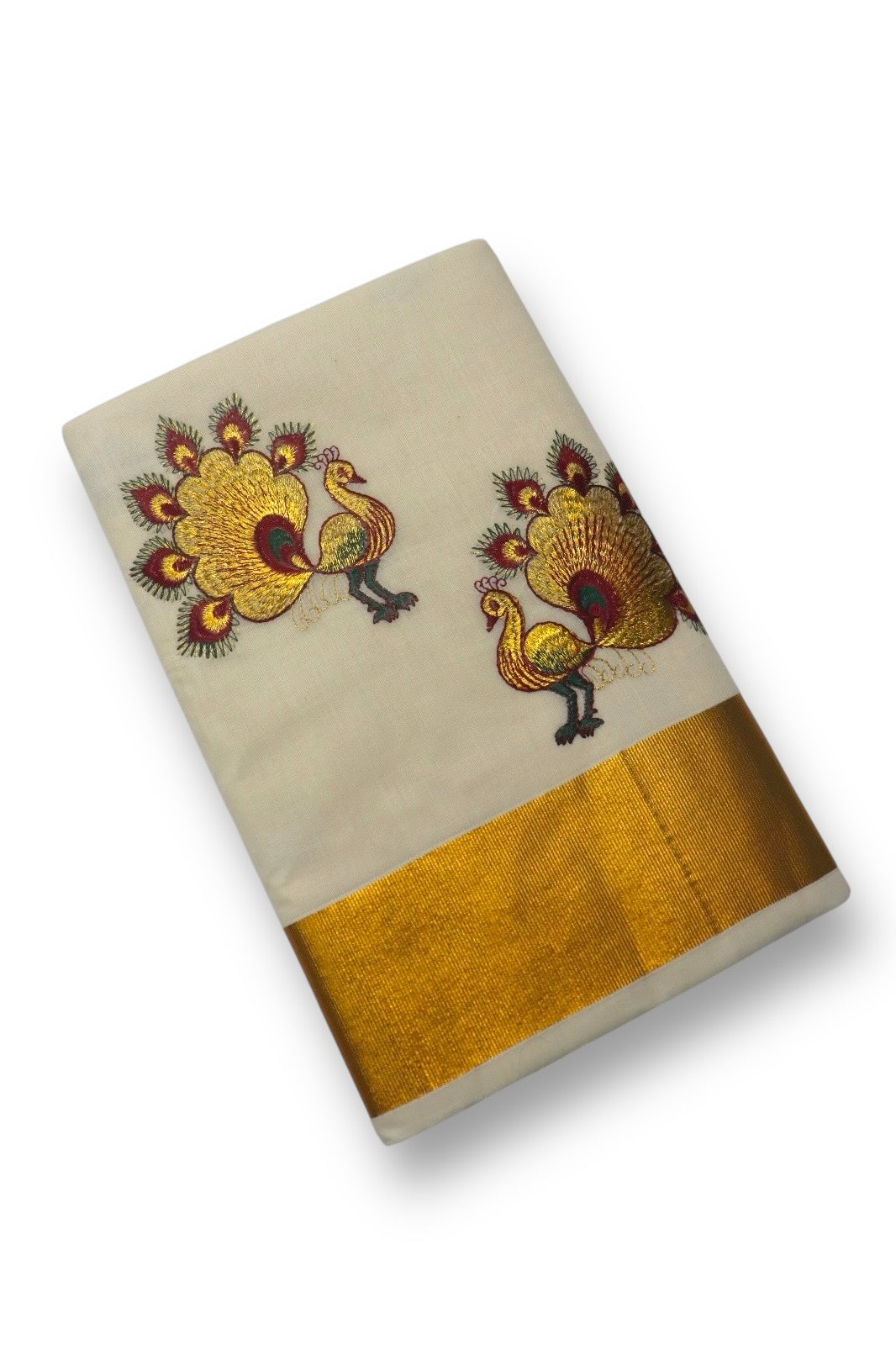 KERALA FANCY PEACOCK EMBROIDERY SAREE (GOLD,BEIGE)