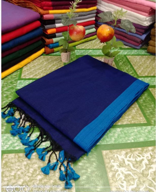 PLAIN SOFT KHADI COTTON SAREE - NAVY BLUE