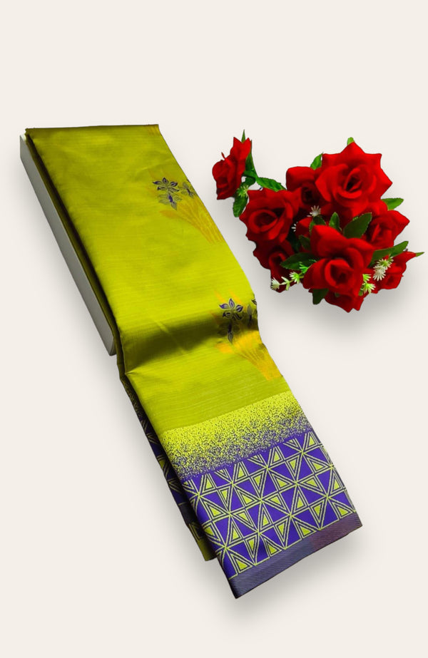 TRENDY & FANCY MEENA WORK SOFT SILK SAREE - LIME GREEN