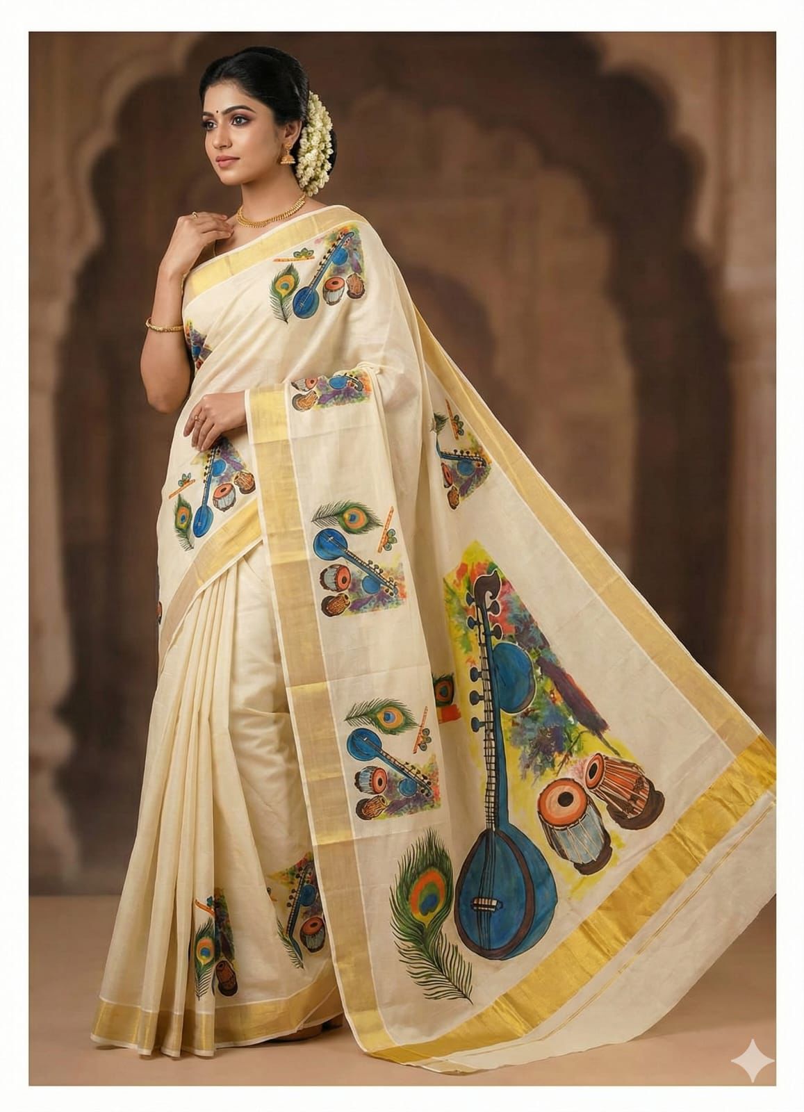 MURAL PAINTED/PRINTED KASAVU TISSUE SAREE (GOLD)