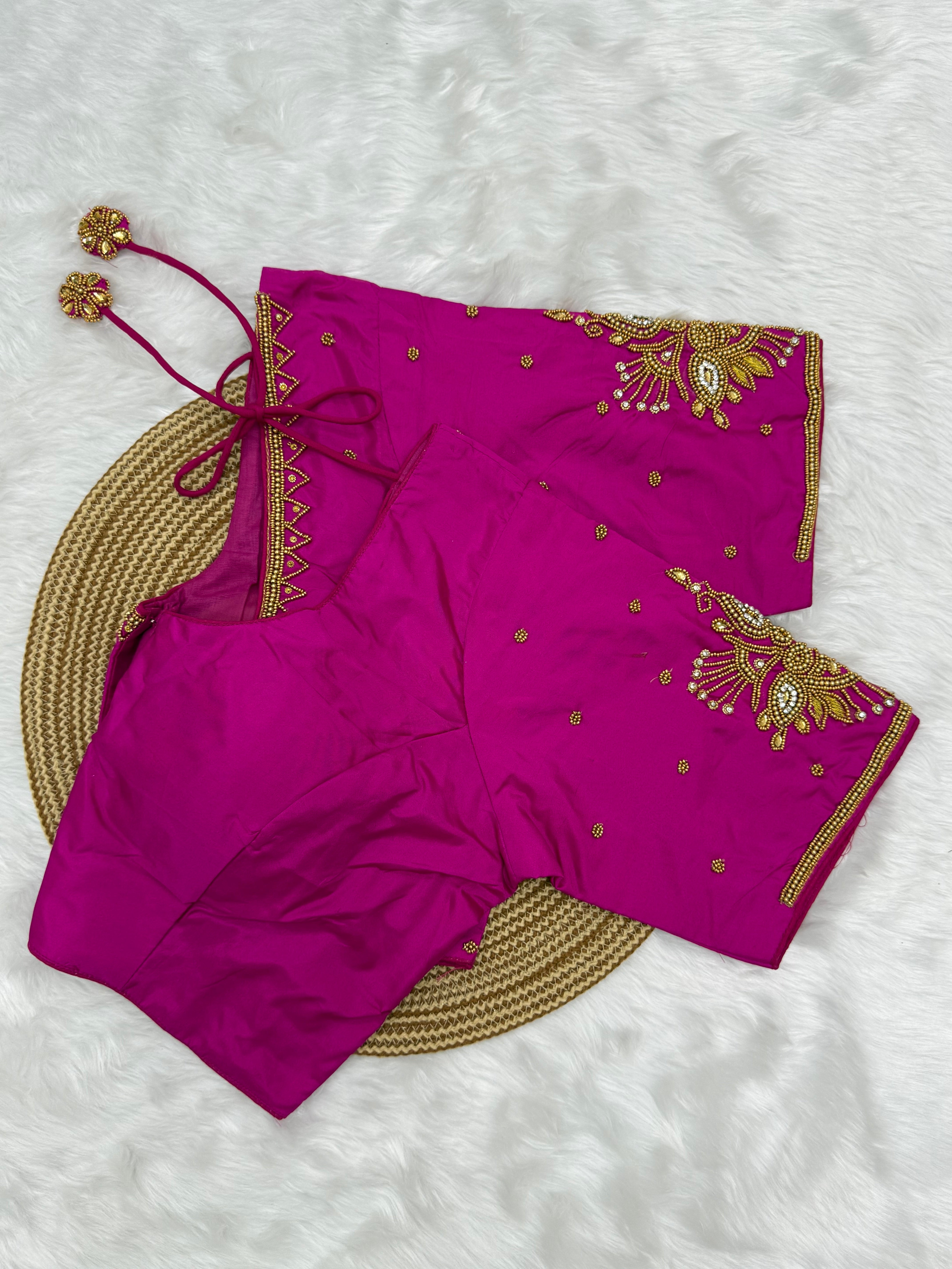 BRIDAL AARI WORK READY TO WEAR SAREE BLOUSE - RANI PINK