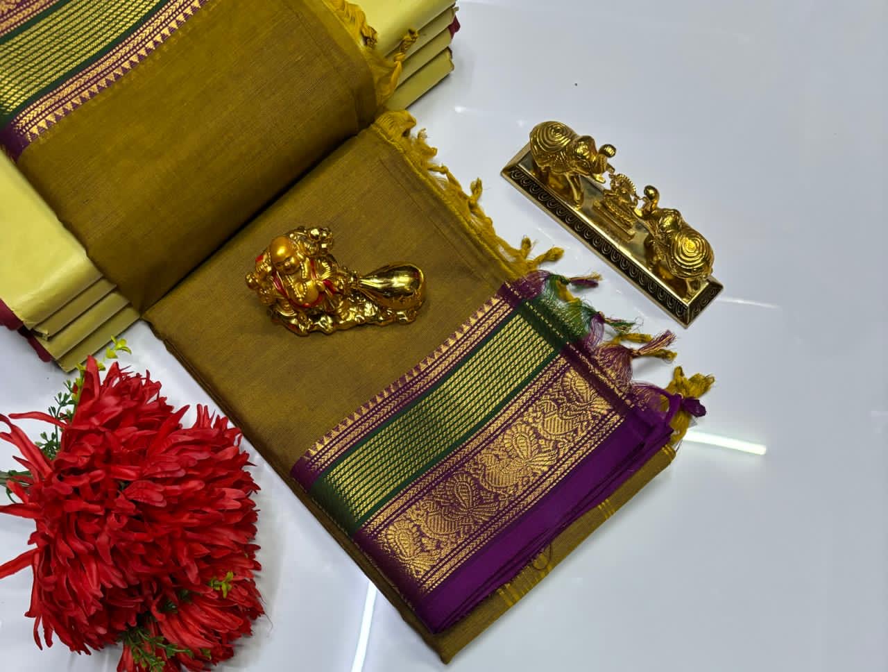 PURE  KANCHI COTTON SAREES - OLIVE GREEN