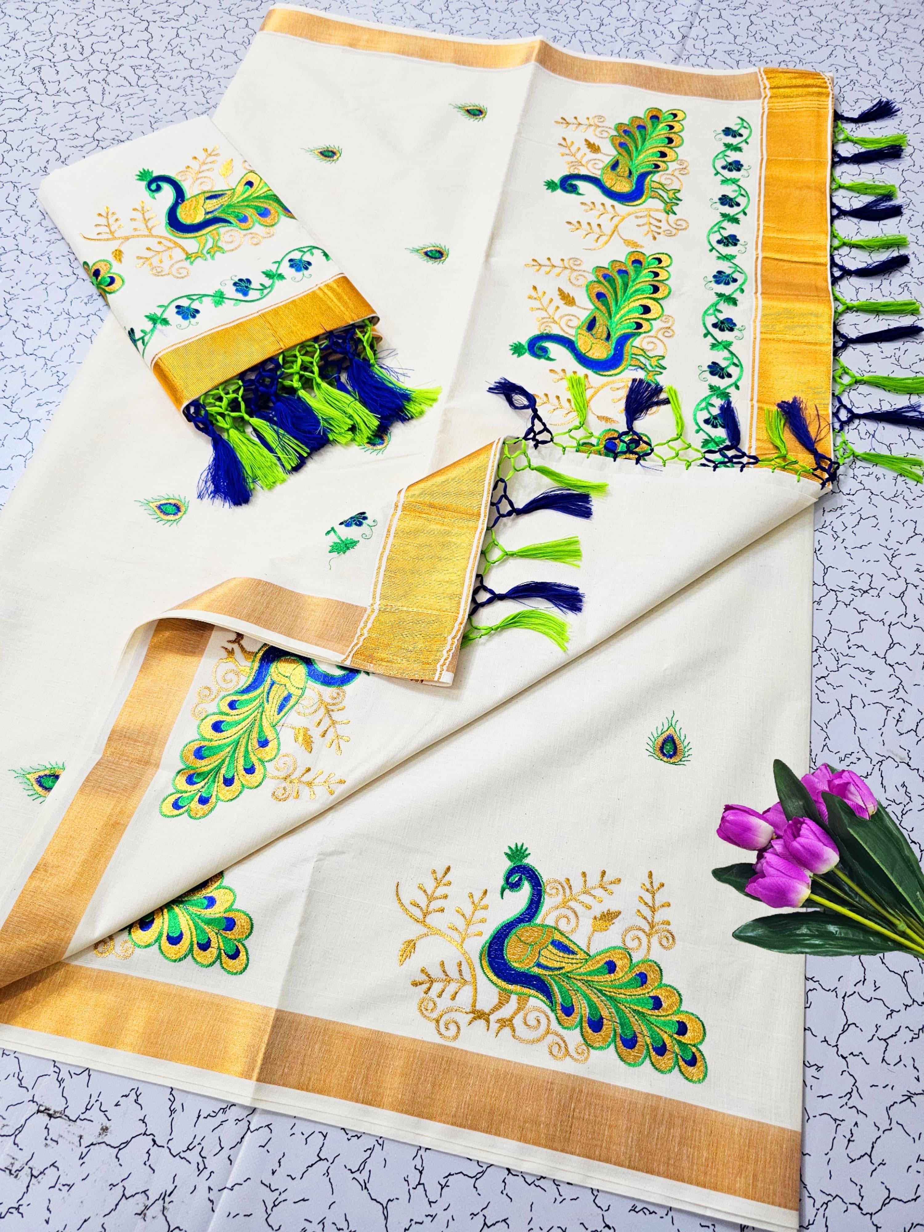 KERALA FANCY PEACOCK EMBROIDERY SAREE (GOLD,BEIGE)