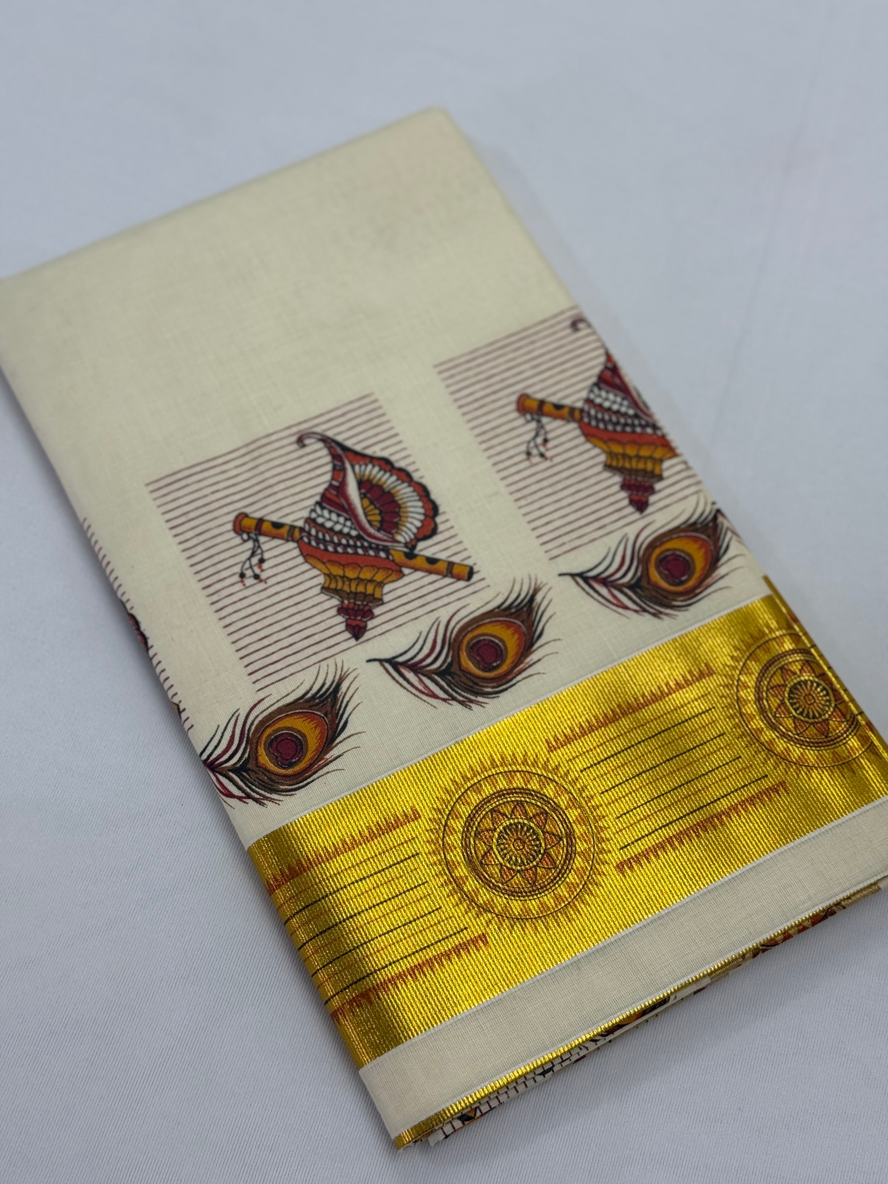 MURAL PAINTED/PRINTED KASAVU COTTON SAREE (GOLD)
