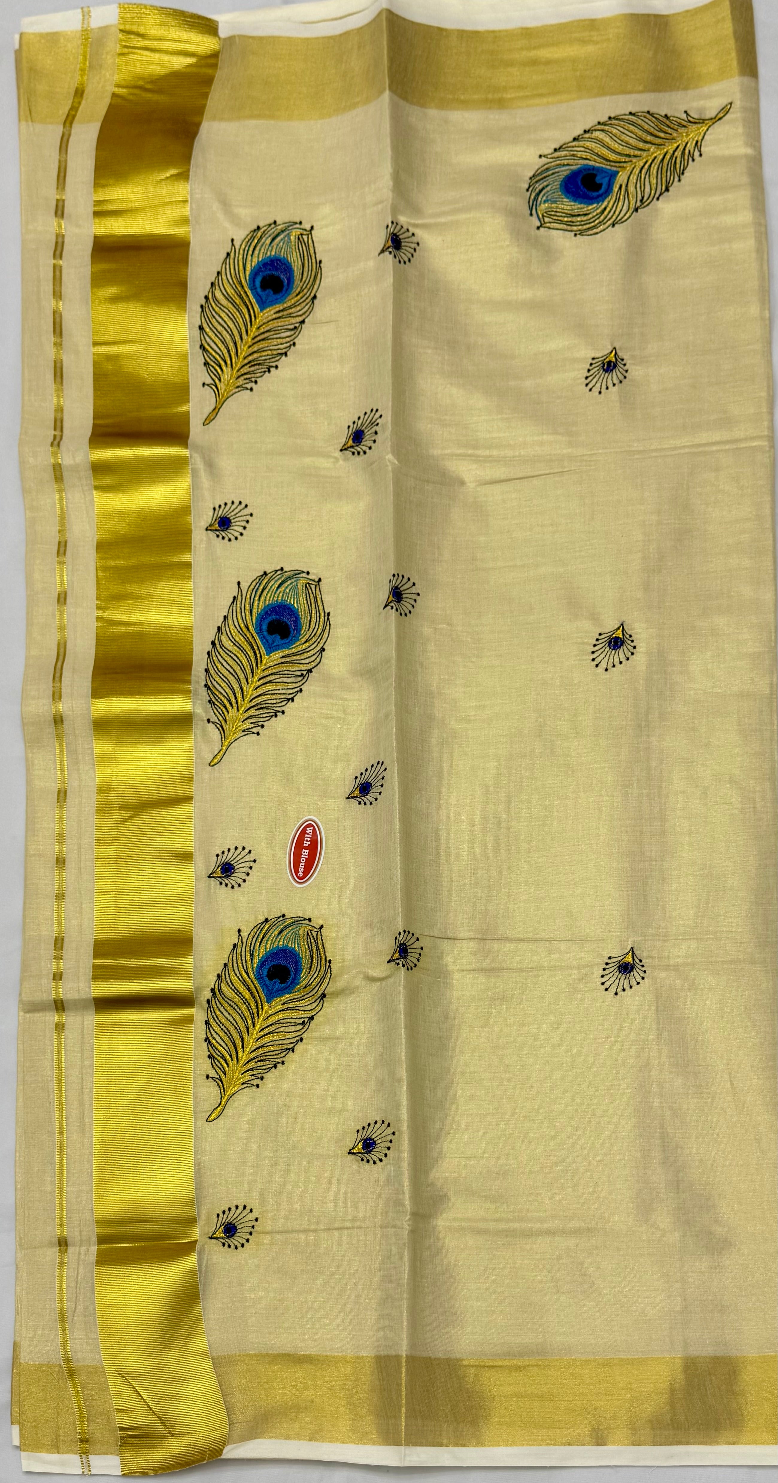 KERALA KASAVU TISSUE SILK EMBROIDERY  SAREE - (GOLD,CREAM)