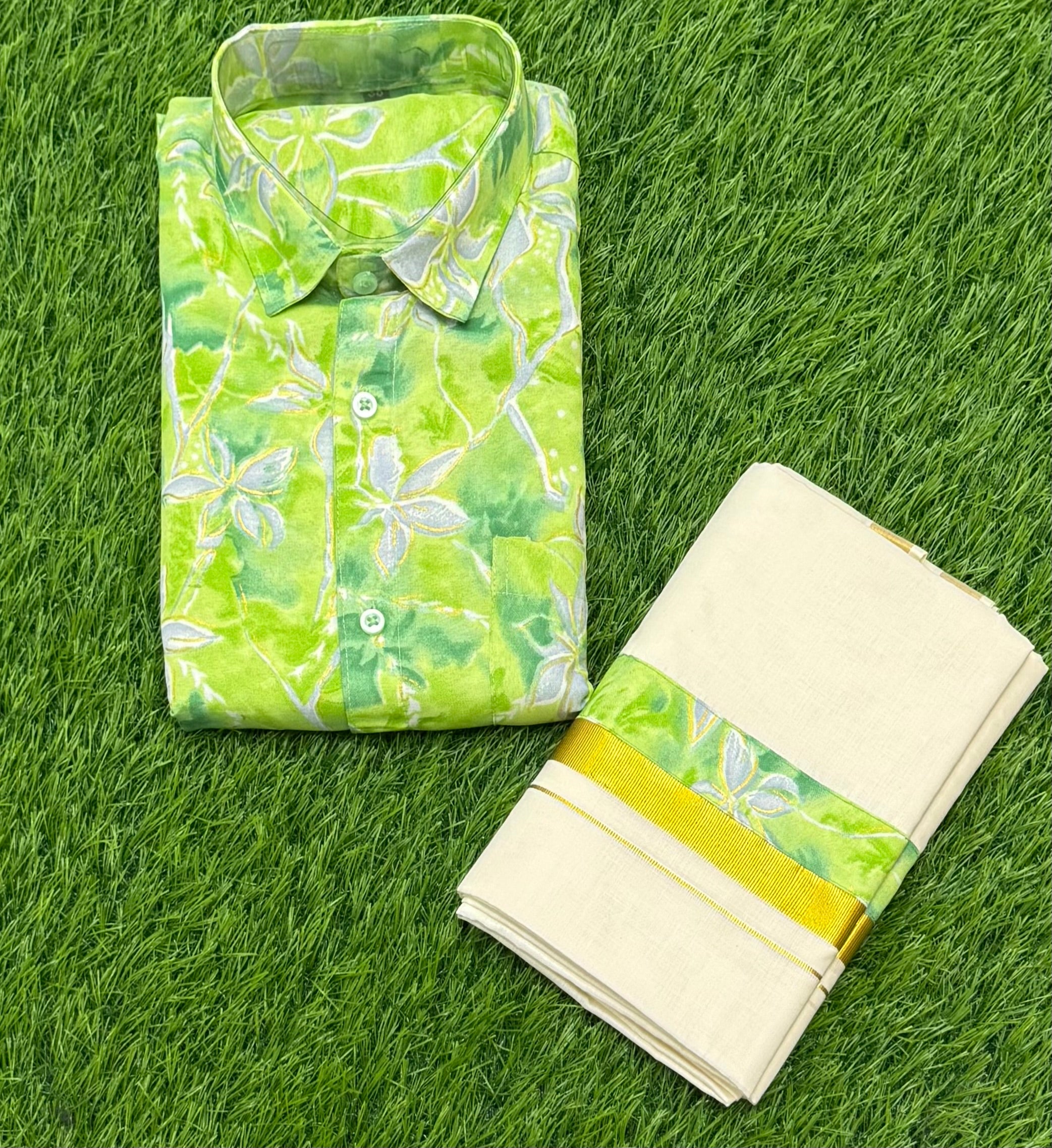 KANI KONNA SHIRT WITH CREAM PRINTED MUNDU COMBO - LIGHT GREEN