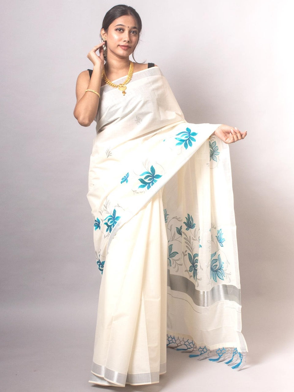 KERALA KASAVU EMBROIDERY COTTON SAREE (SILVER,TEAL)