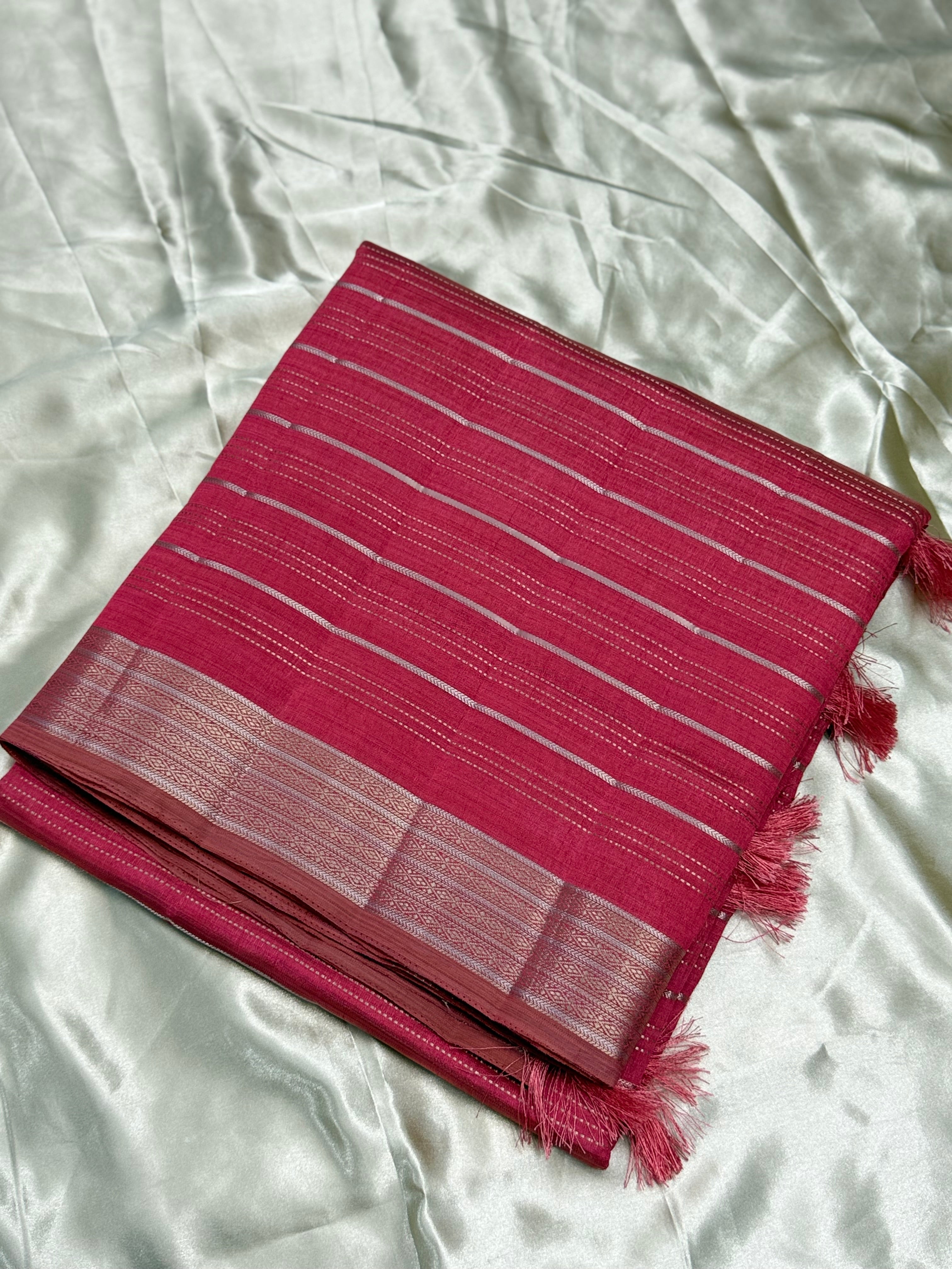TUSSAR SILK SAREE WITH ZARI BORDER - PUNCH