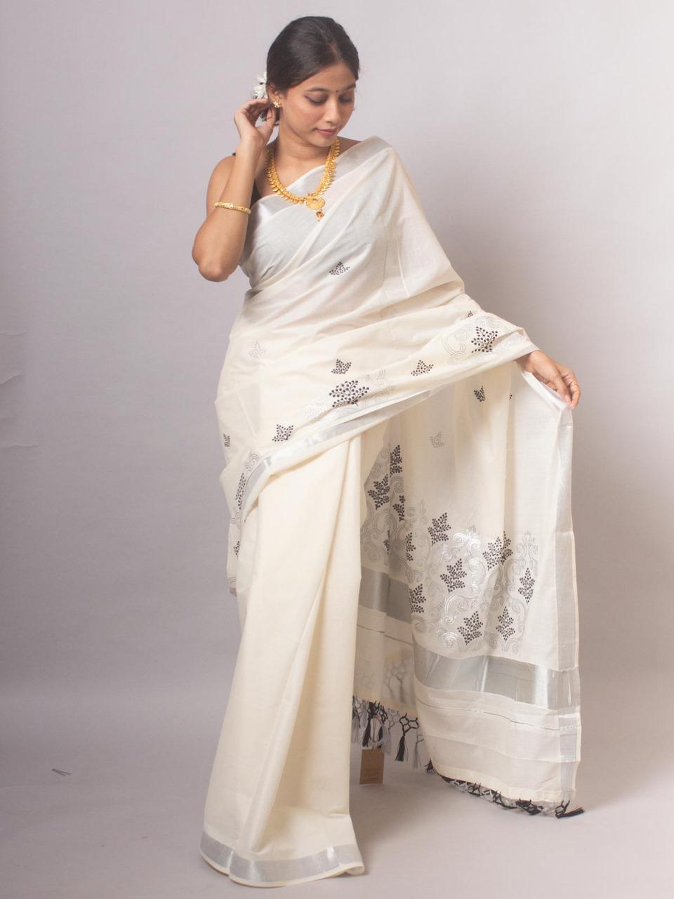 KERALA KASAVU EMBROIDERY COTTON SAREE (SILVER,BLACK)