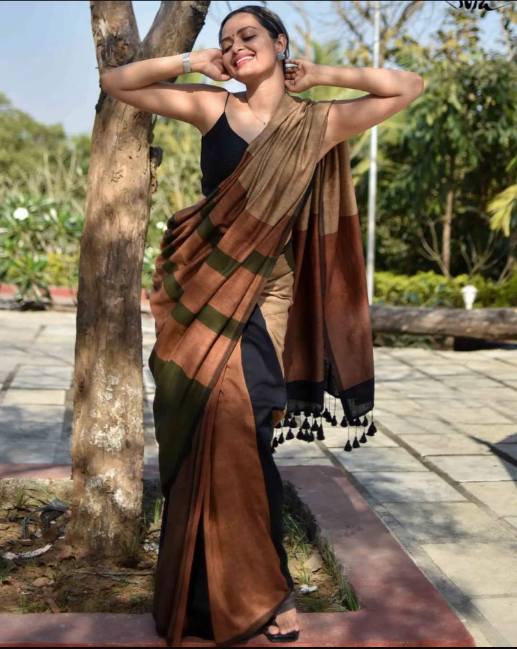 HANDLOOM COTTON SILK MULTI STRIPED SAREE