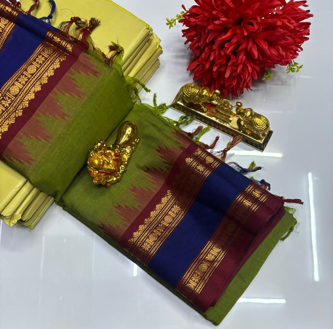 PURE  KANCHI COTTON SAREES - APPLE GREEN