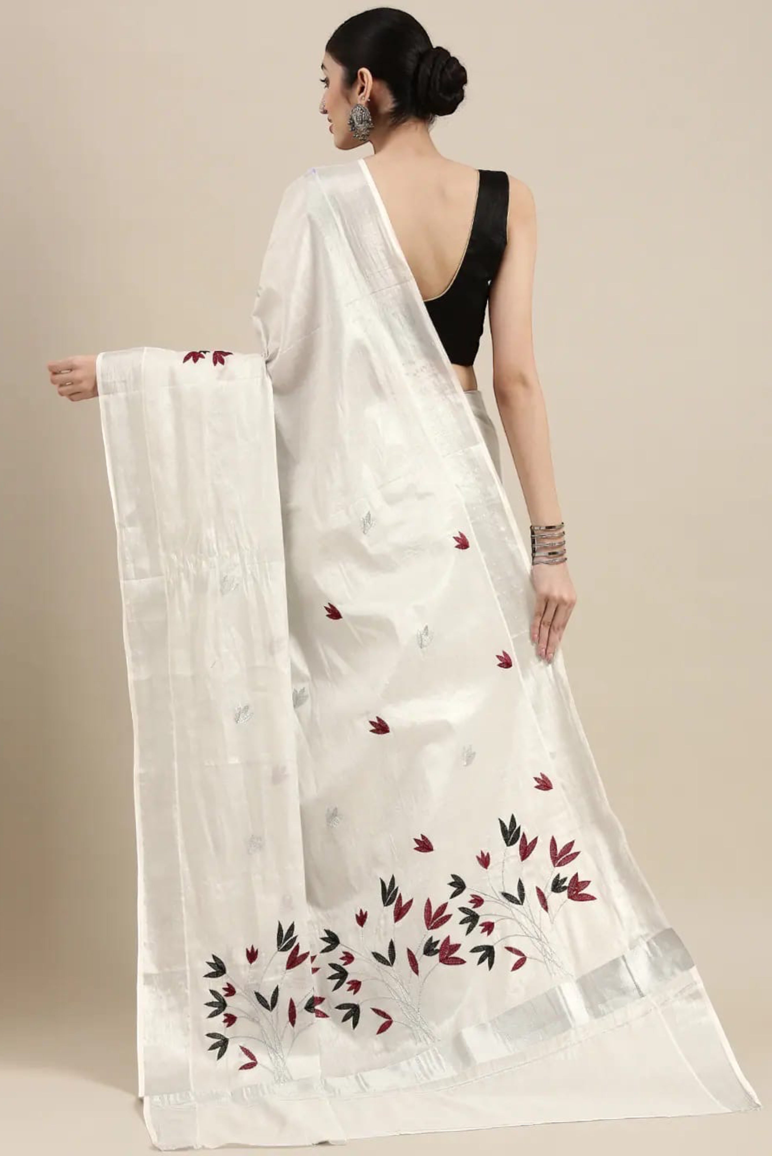 KERALA SILK TISSUE SAREE WITH SILVER ZARI BORDER
