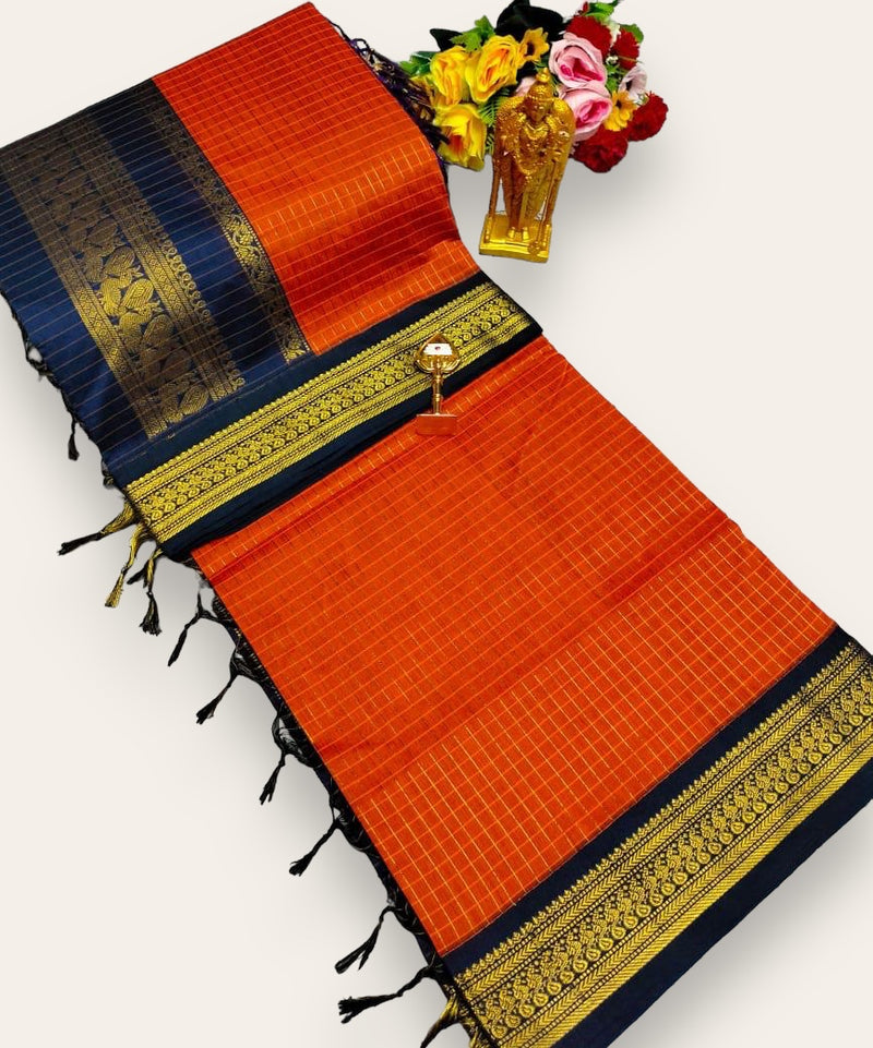 CHECKED GADWAL KALYANI COTTON SILK SAREES - ORANGE