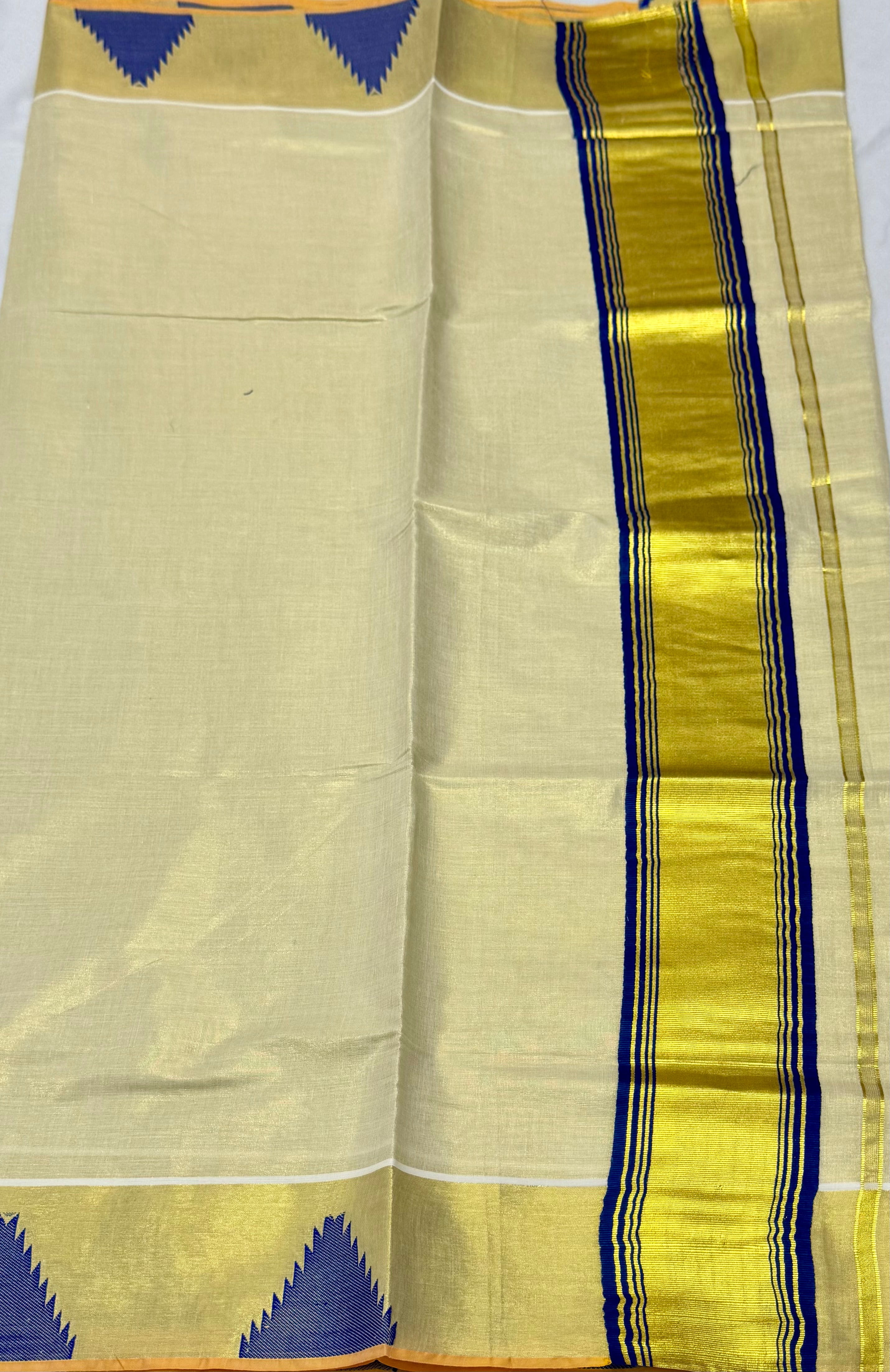 TRADITIONAL KERALA KASAVU TISSUE SAREE - (CREAM,GOLD,BLUE)