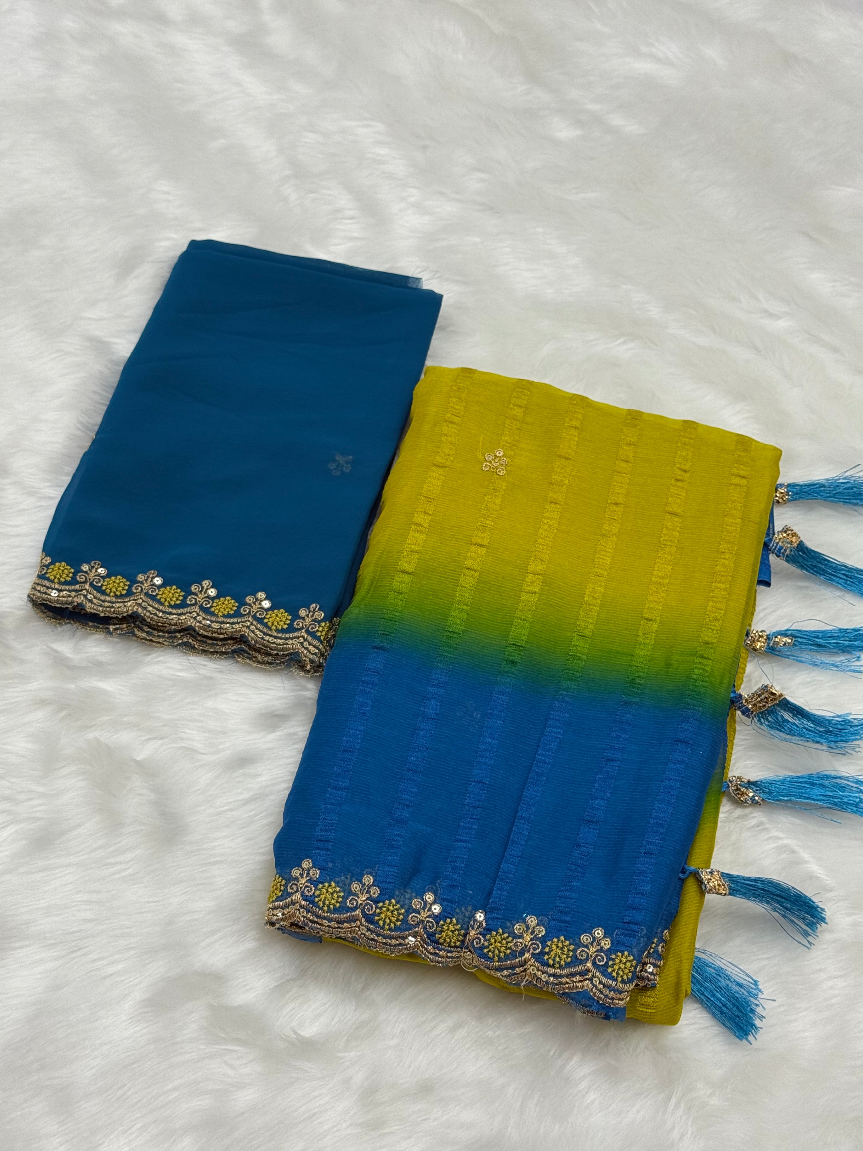 DESIGNER CHIFFON SAREE WITH BLOUSE PIECE - GREEN & RAMA BLUE