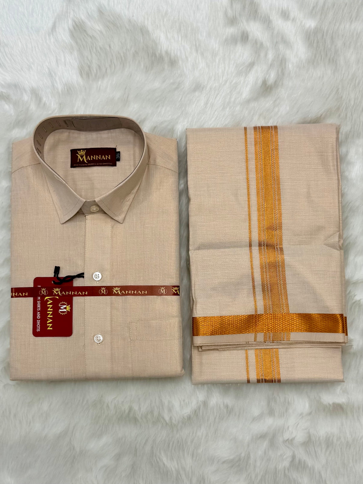 MEN'S PREMIUM TISSUE SINGLE DHOTI & SHIRT SET - COPPER
