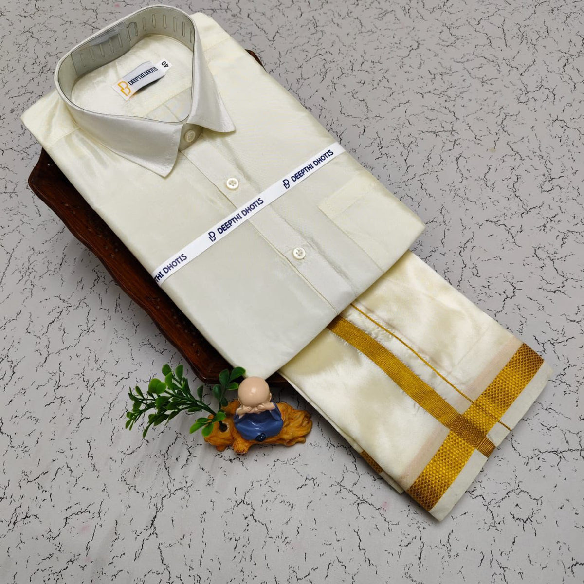 KIDS  BOYS SEMI SILK VELCRO DHOTI & SHIRT SET - CREAM