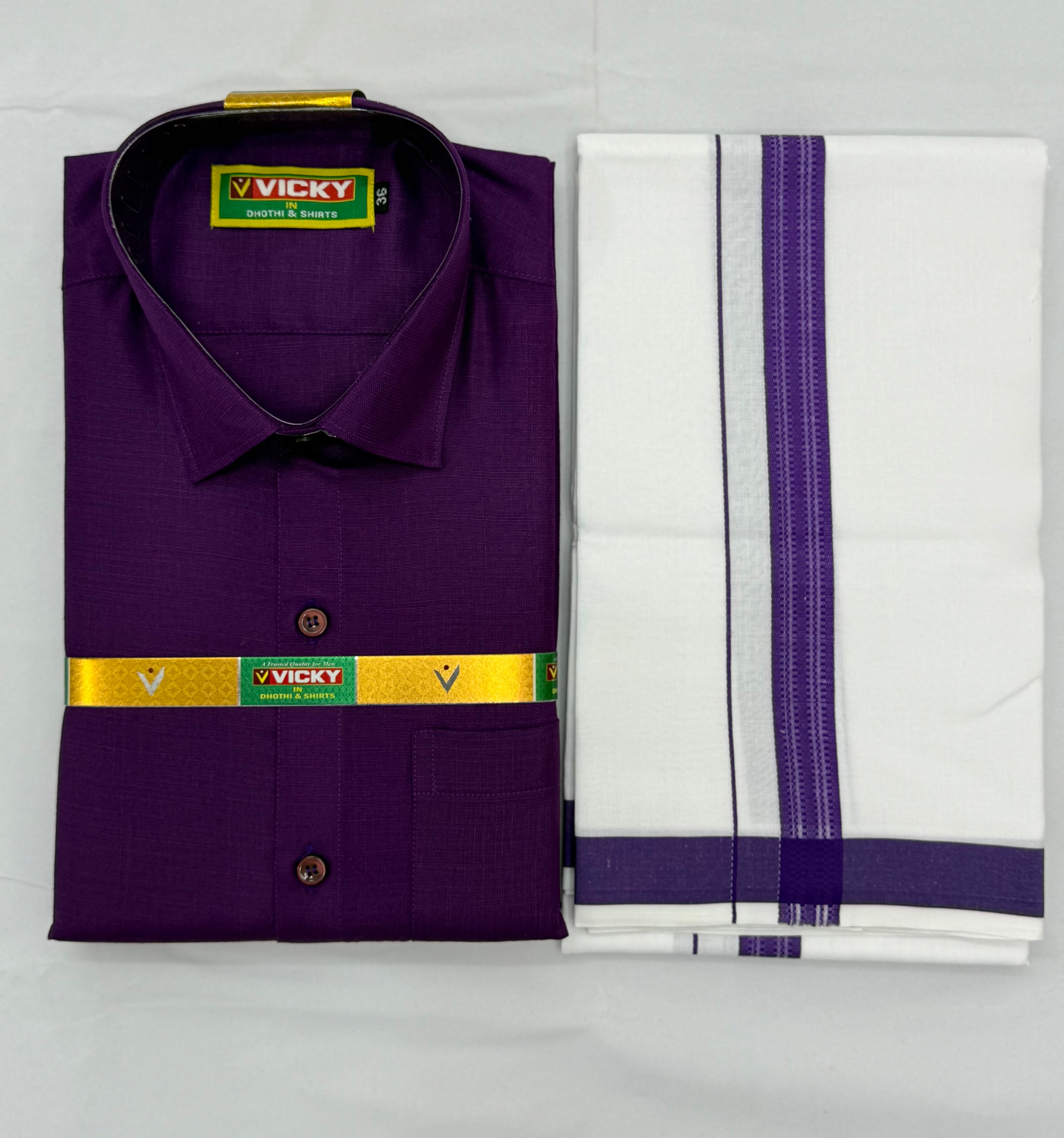 MEN'S MATCHING FANCY BORDER SINGLE DHOTI & SHIRT SET - PURPLE