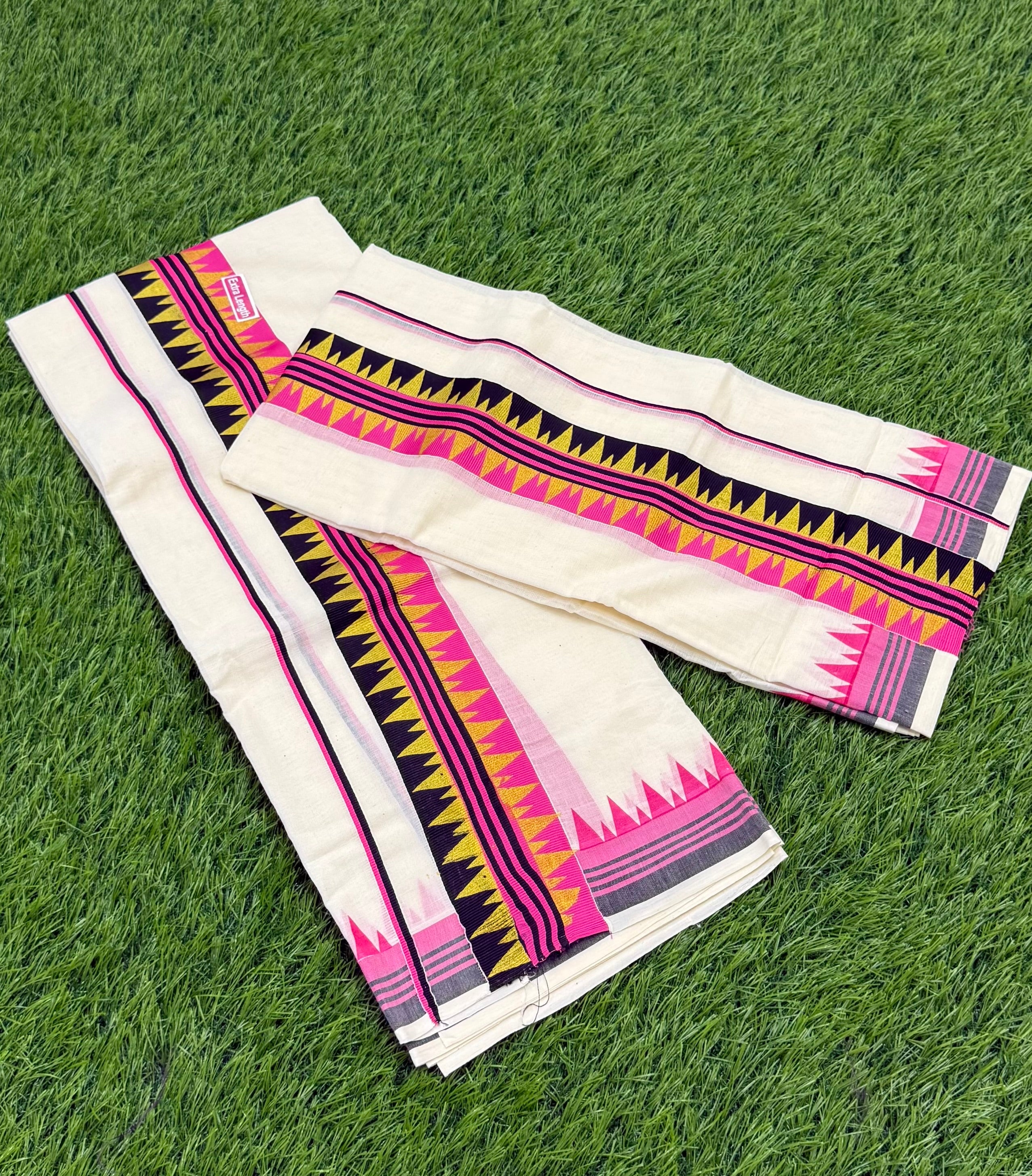 KASAVU COTTON FANCY SINGLE SET MUNDU (MUNDUM NERIYATHUM) - 2 X 2.80 MTRS - (OFF WHITE)