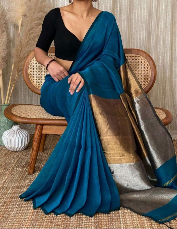 HANDLOOM SOLID COLOUR 2D PALLU SAREE - BLUE