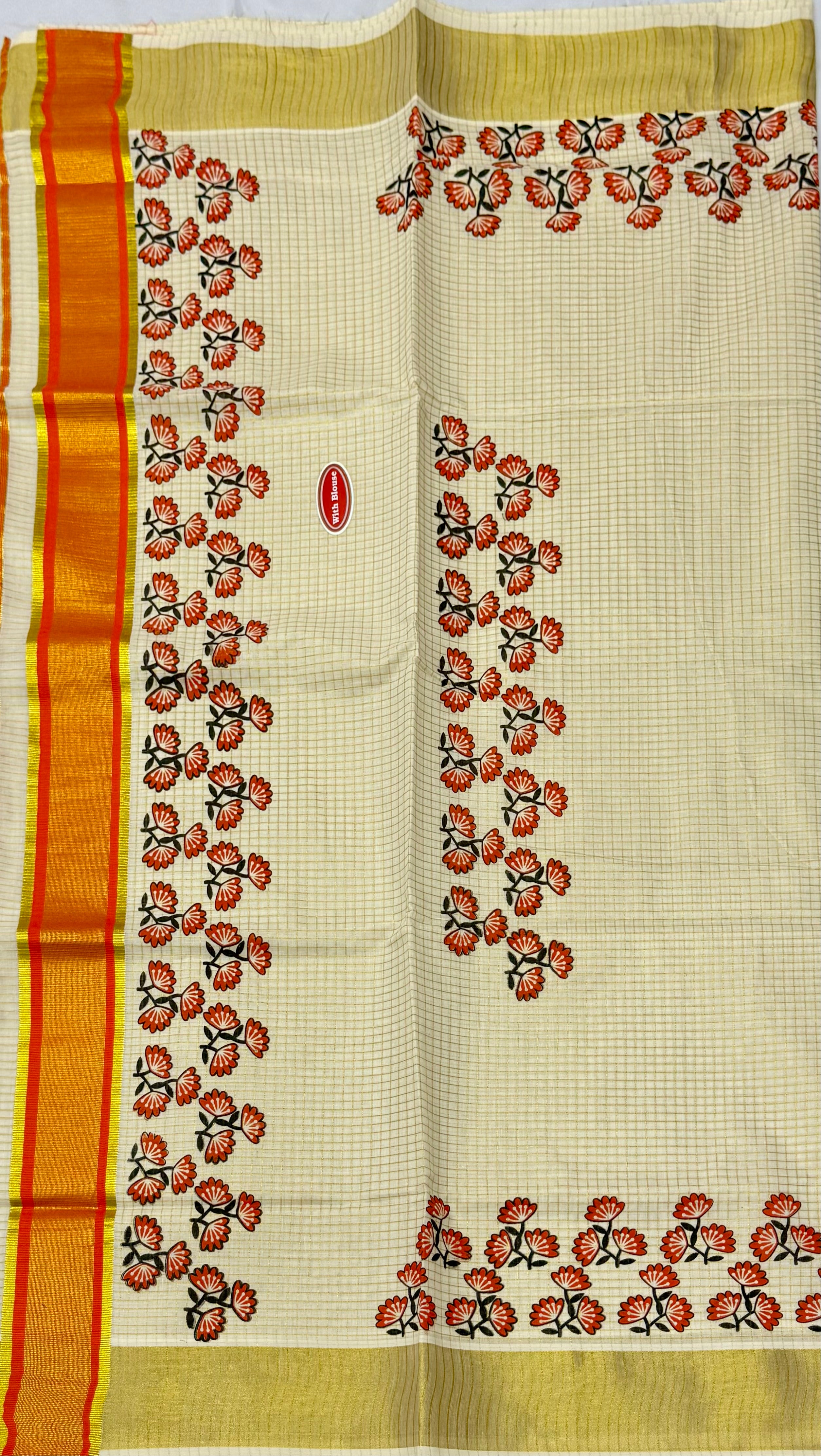 TRADITIONAL PRINTED KASAVU TISSUE CHECKED SAREE (OFF WHITE,GOLD,RED)