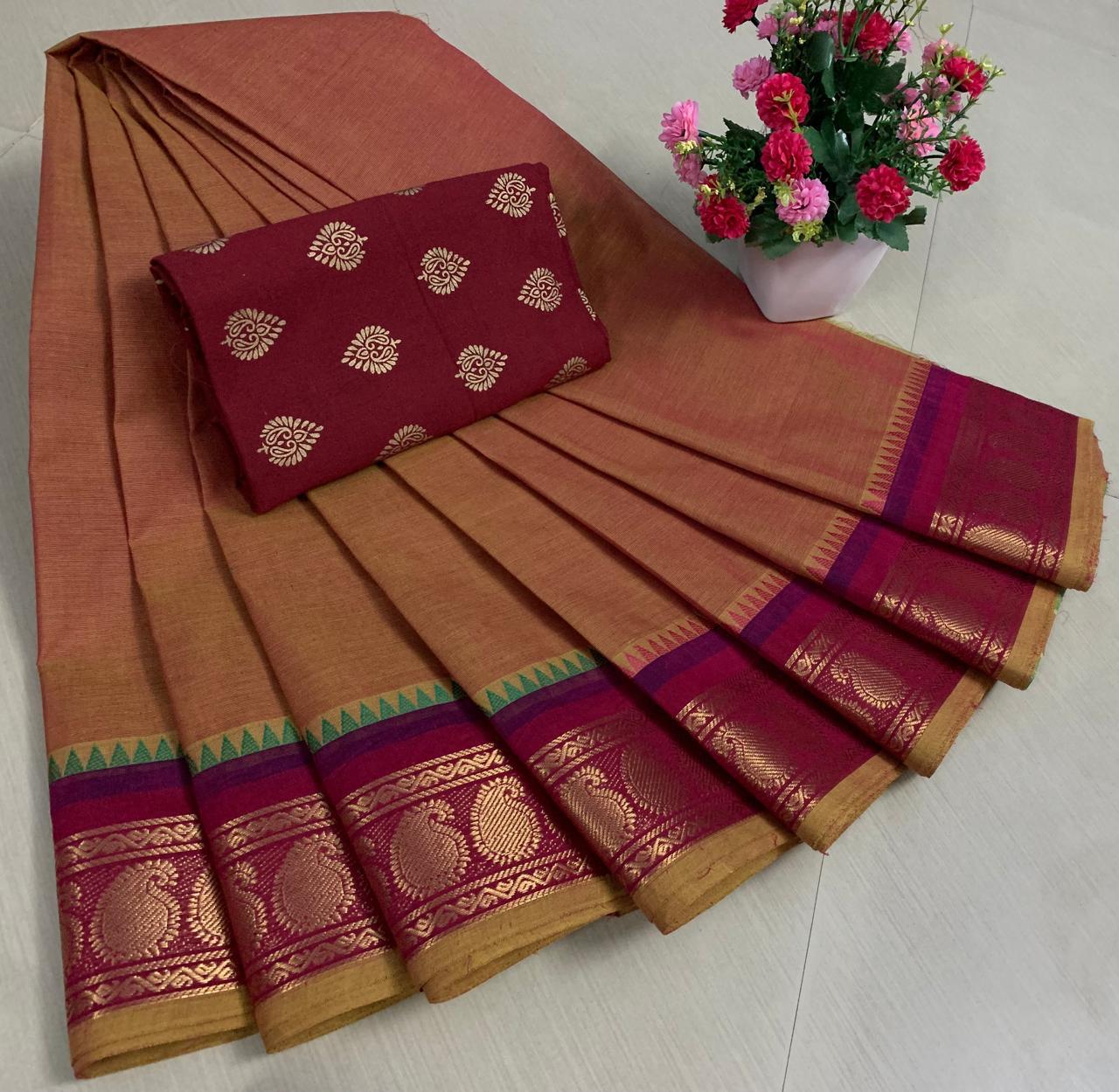 PURE KANCHI HANDLOOM COTTON SAREES - BURNT ORANGE