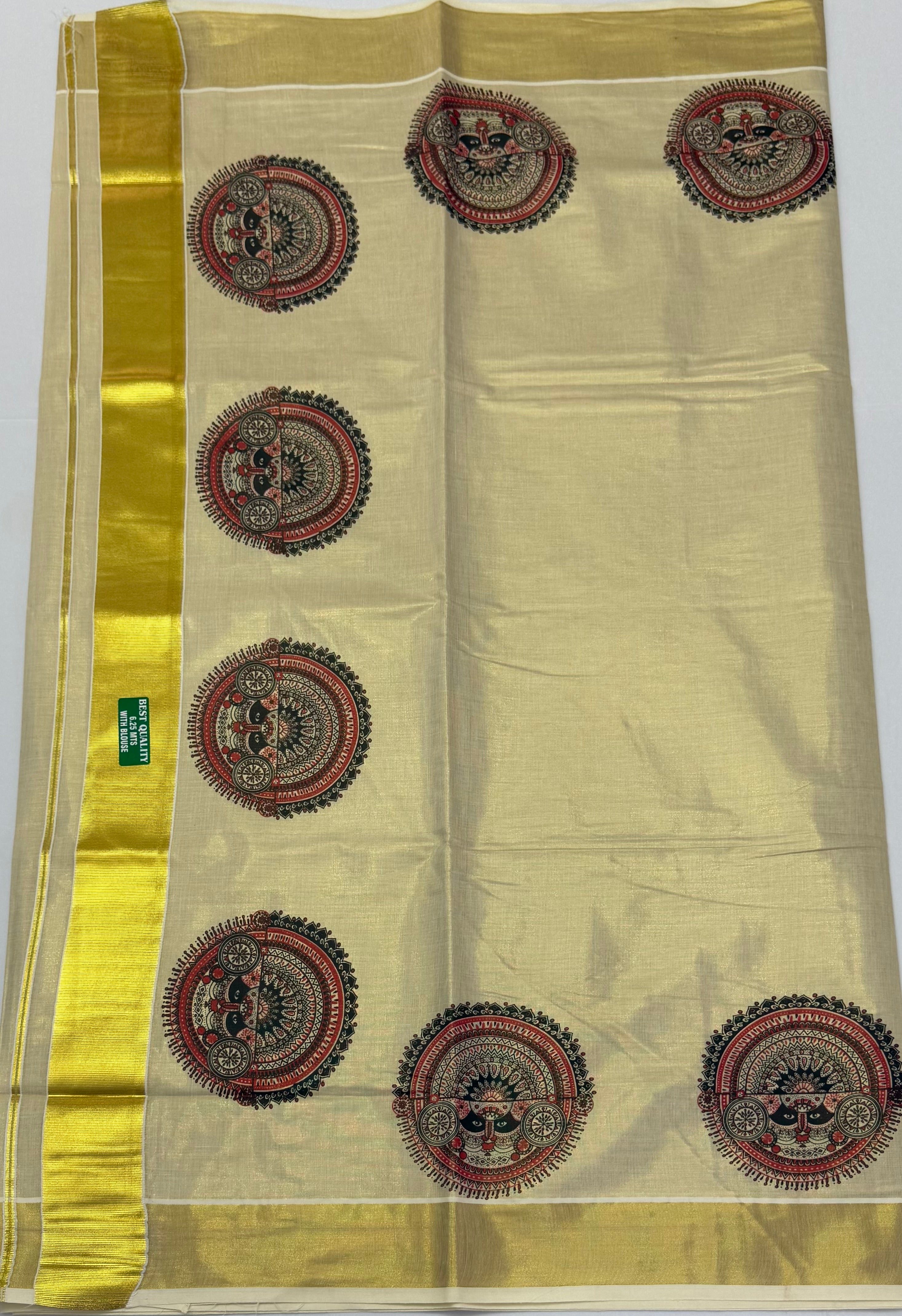 MURAL PAINTED/PRINTED KASAVU TISSUE SAREE (GOLD)