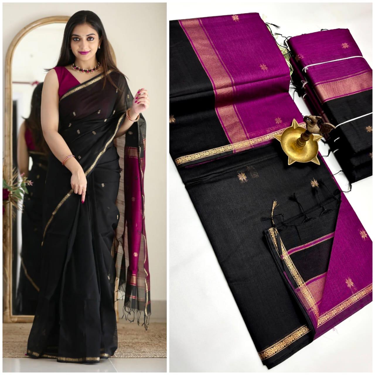 MAHESHWARI COTTON SILK SAREE - BLACK