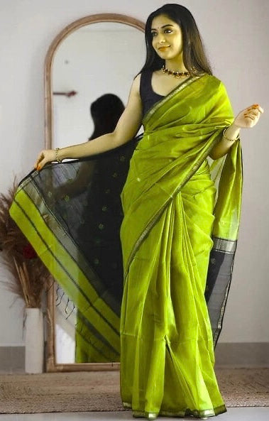 MAHESHWARI COTTON SILK SAREE - LIME GREEN