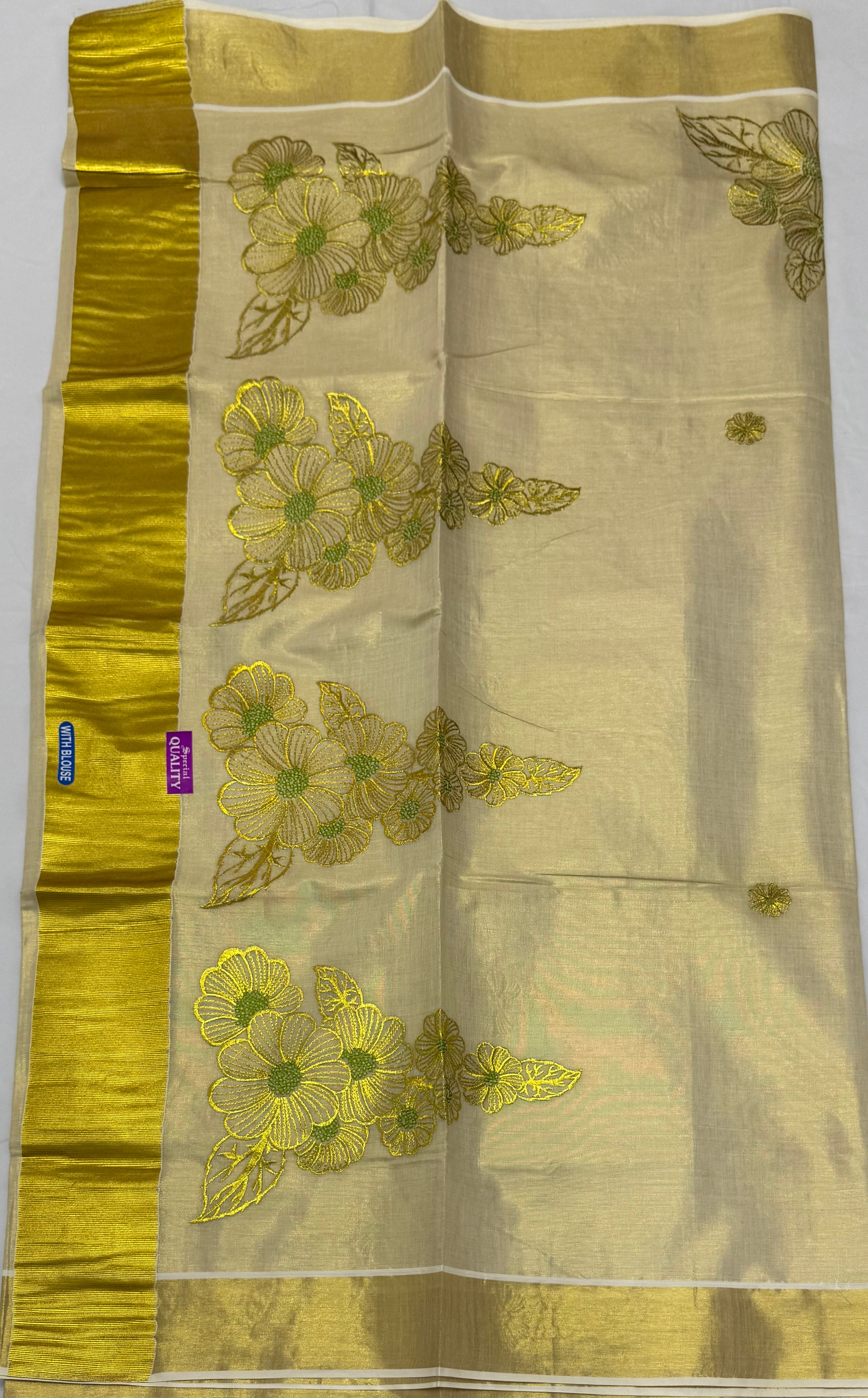 KERALA KASAVU TISSUE SILK EMBROIDERY  SAREE - (GOLD,CREAM)