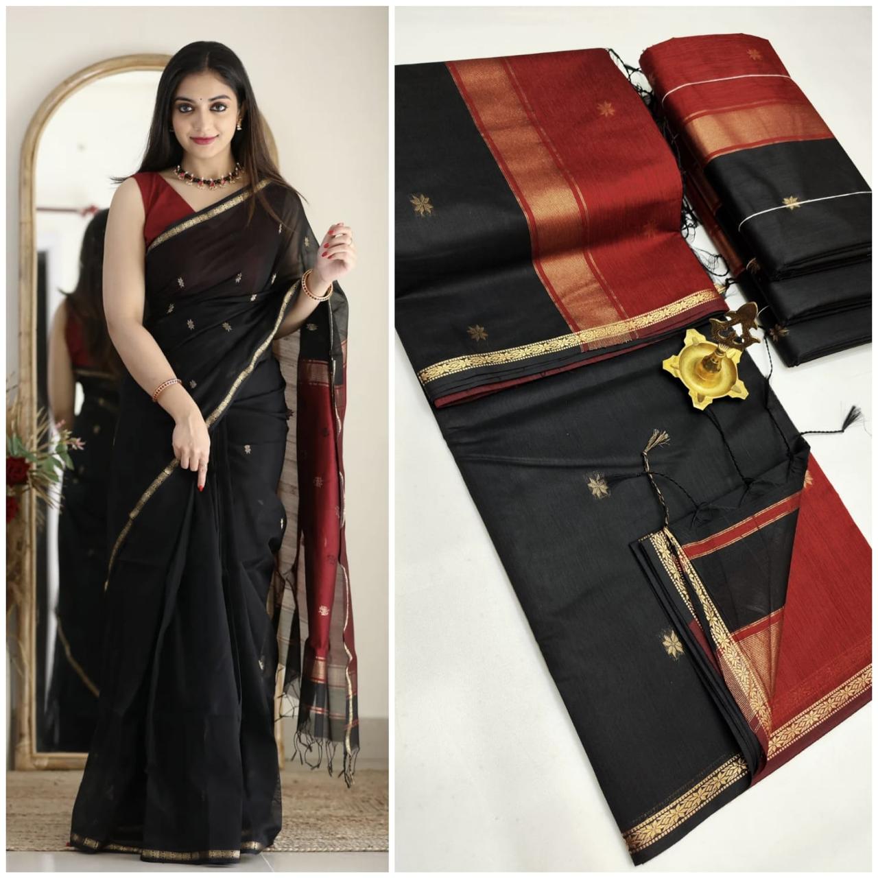 MAHESHWARI COTTON SILK SAREE - BLACK