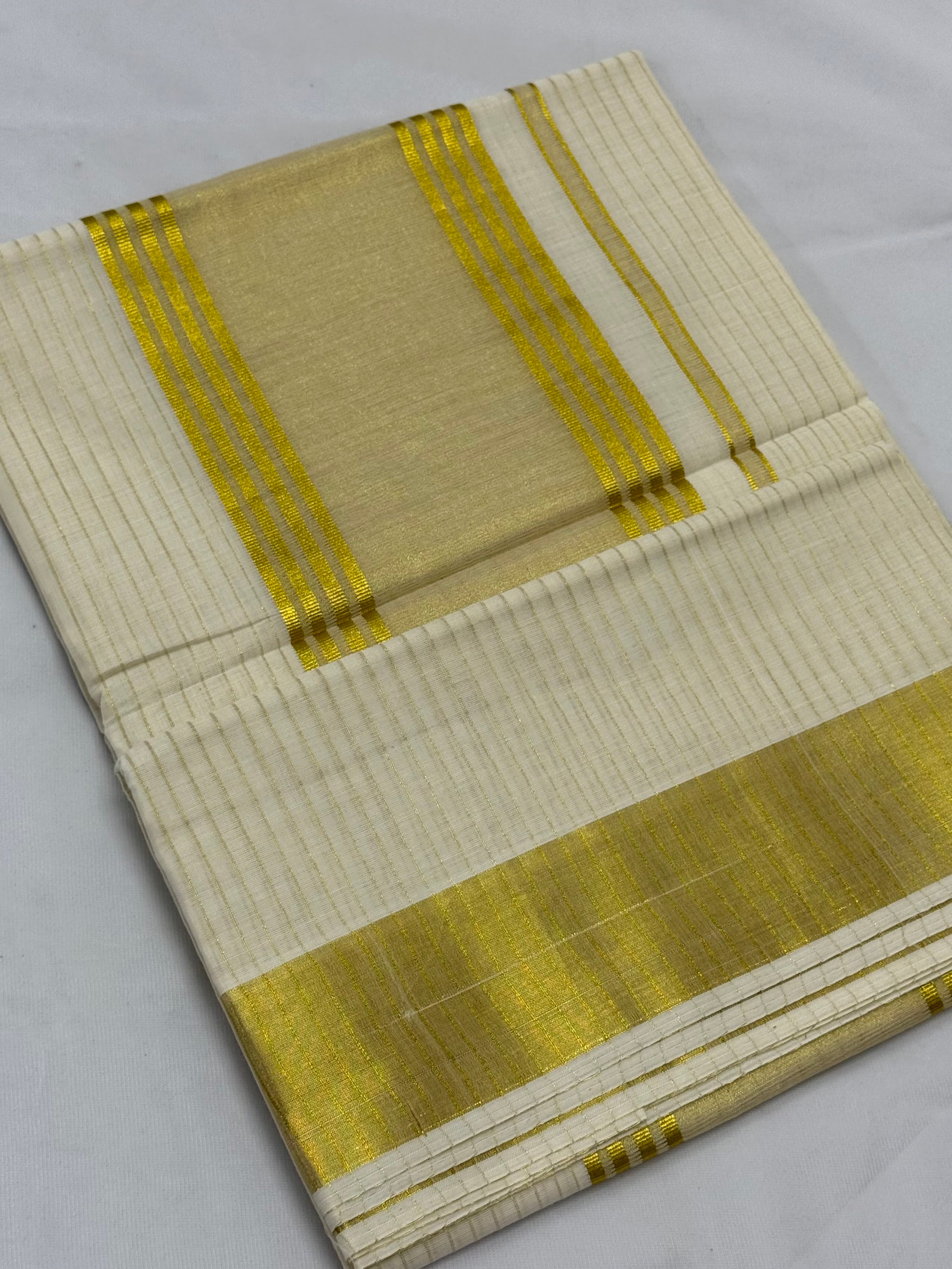 KERALA STRIPES KASAVU TISSUE SAREE - (GOLD,OFF WHITE)