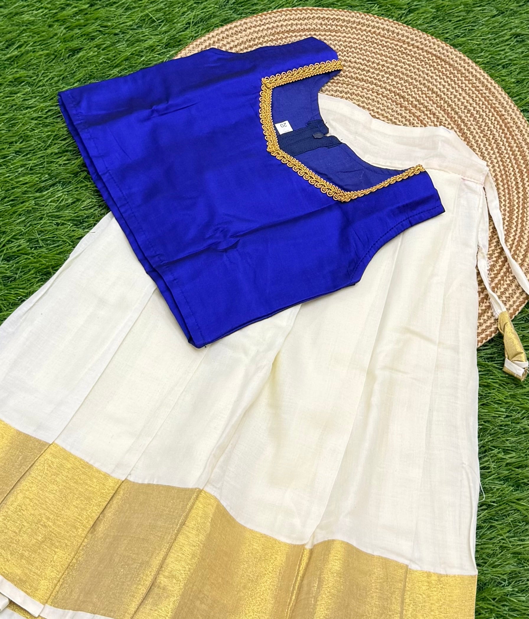 KIDS GIRL'S PATTU PAVADAI -  CREAM & ROYAL BLUE