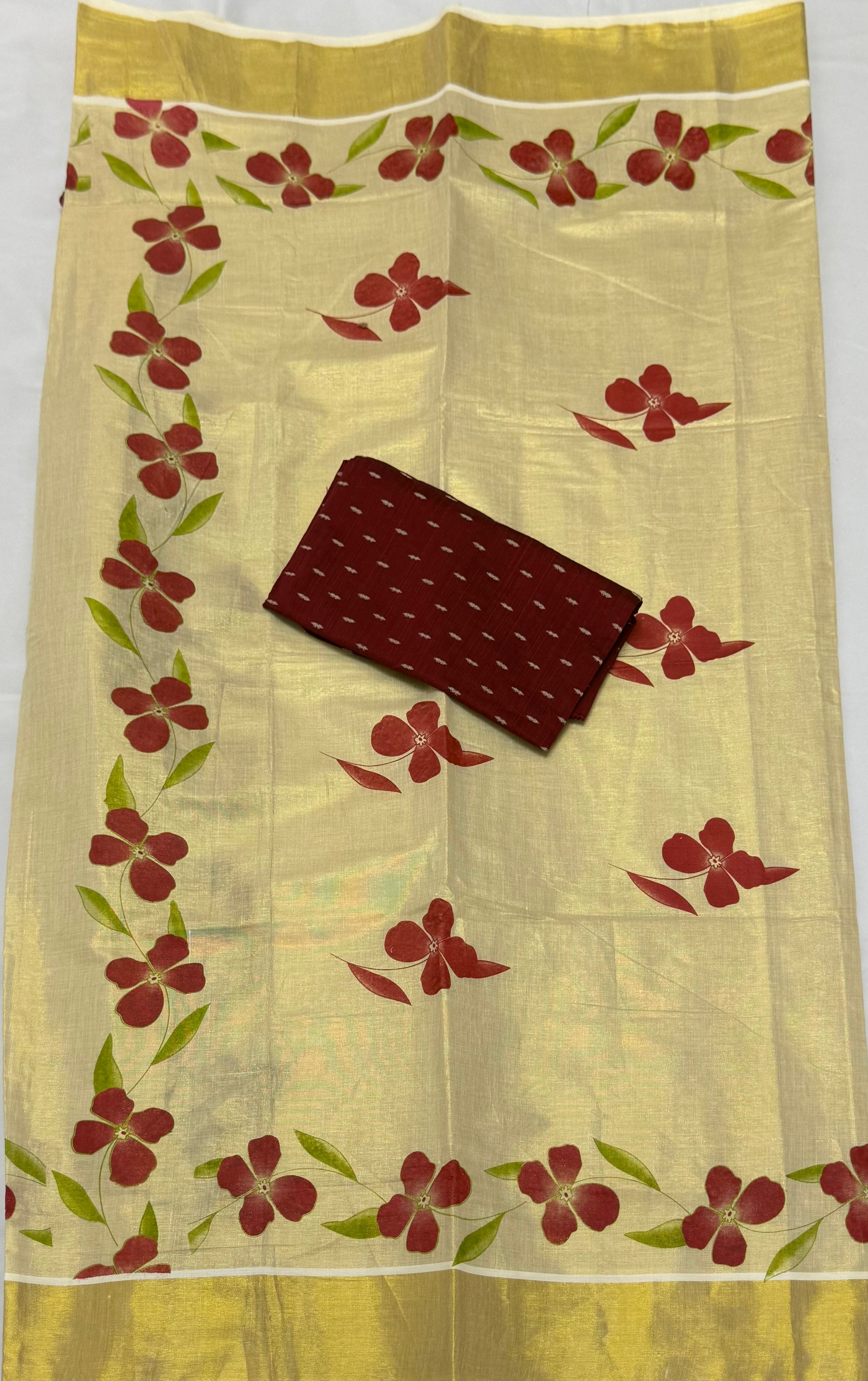FLORAL PRINTED KASAVU TISSUE SAREE WITH BLOUSE PIECE 1M - (GOLD,CREAM,MAROON)