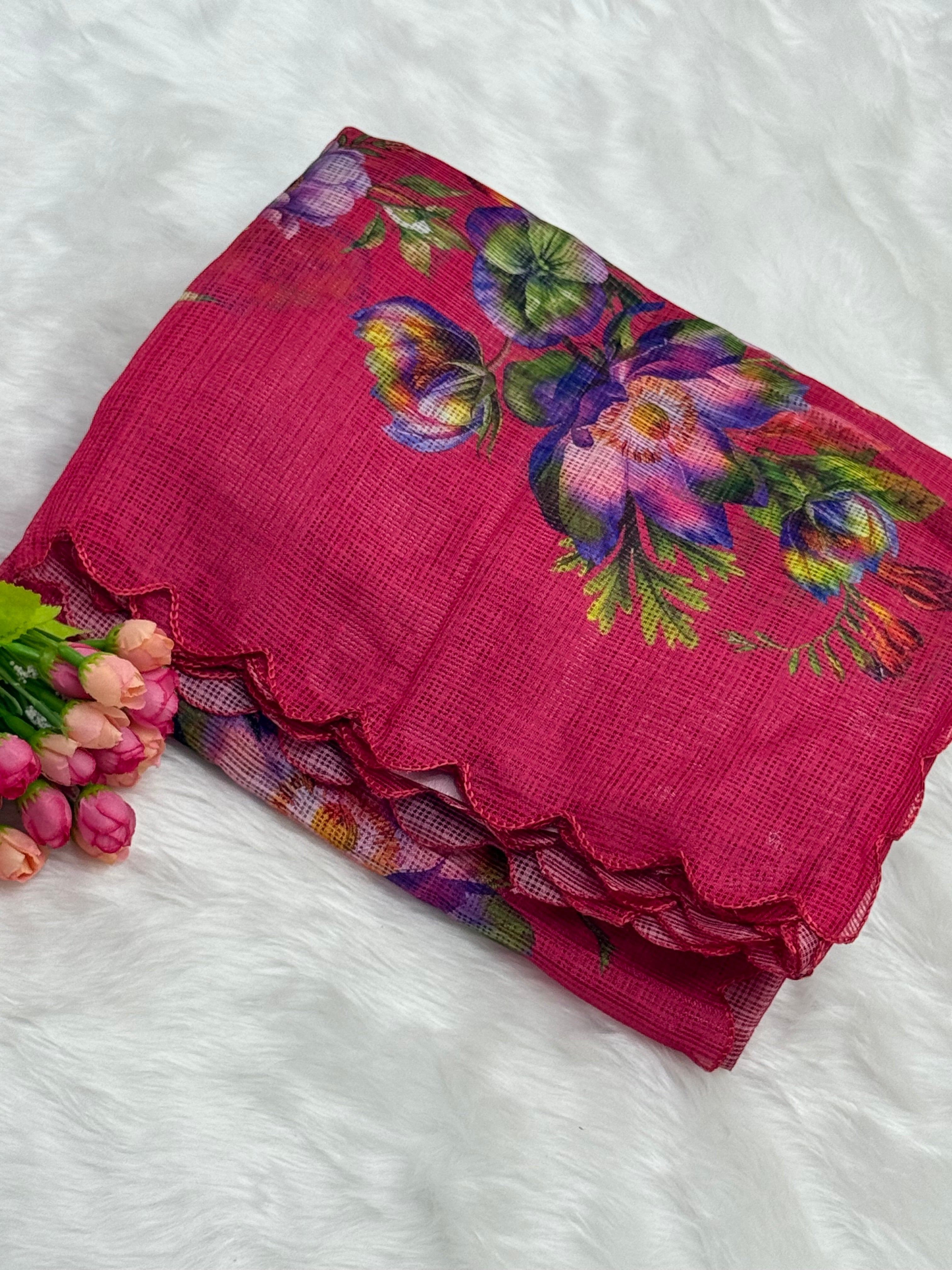 FANCY CHANDERI COTTON SILK SAREE - RANI PINK