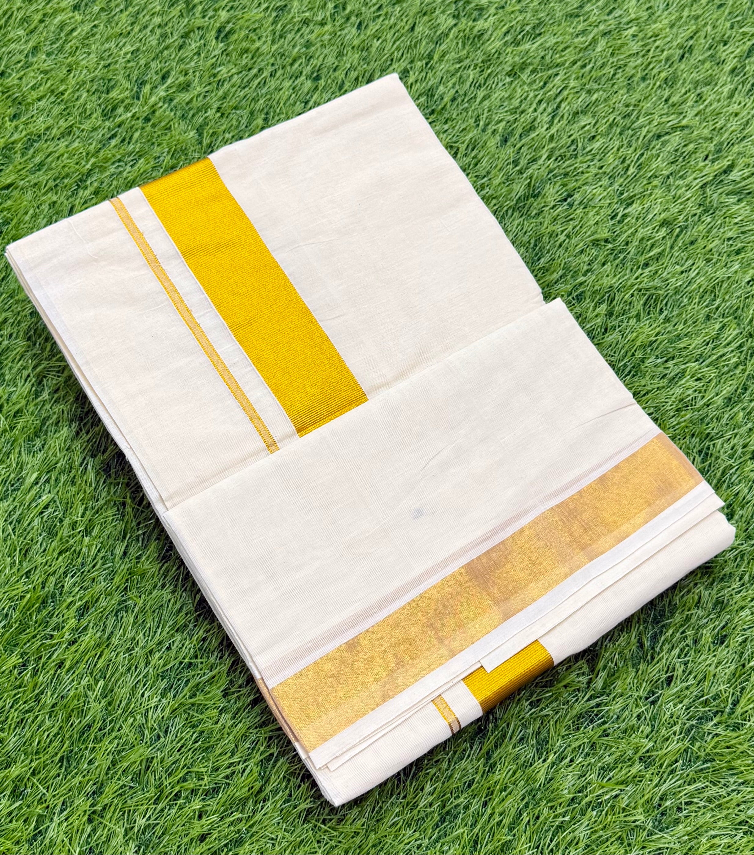 TRADITIONAL KASAVU COTTON SOLID SAREE - (GOLD,OFF WHITE)
