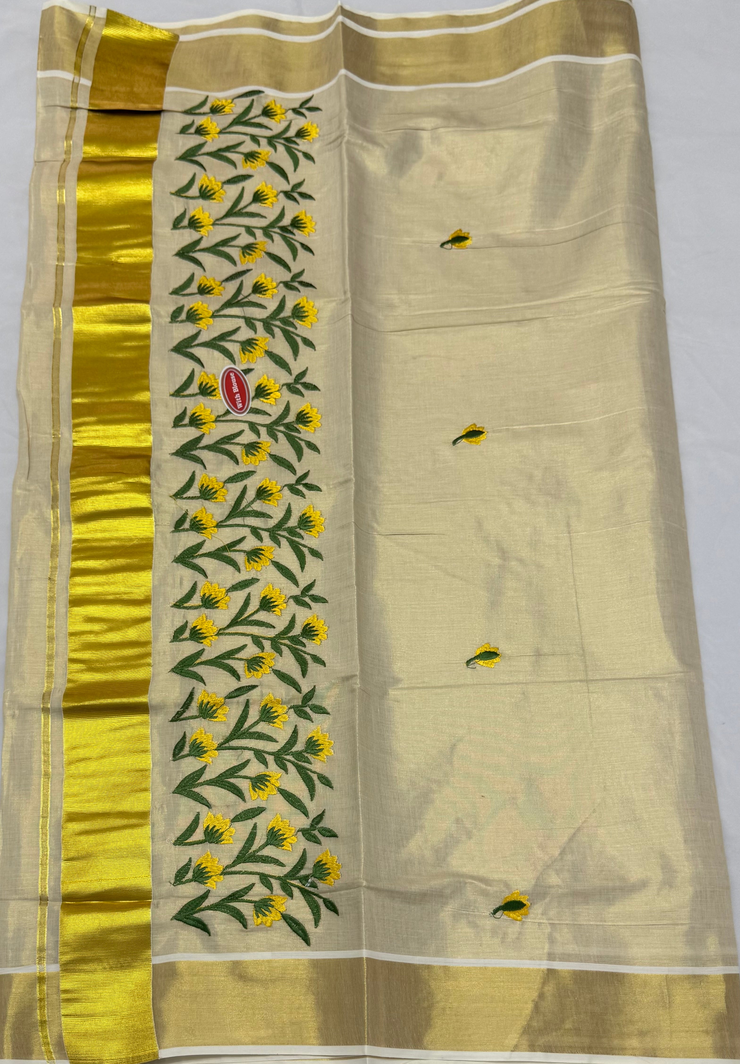 KERALA KASAVU TISSUE SILK EMBROIDERY  SAREE - (GOLD,CREAM)