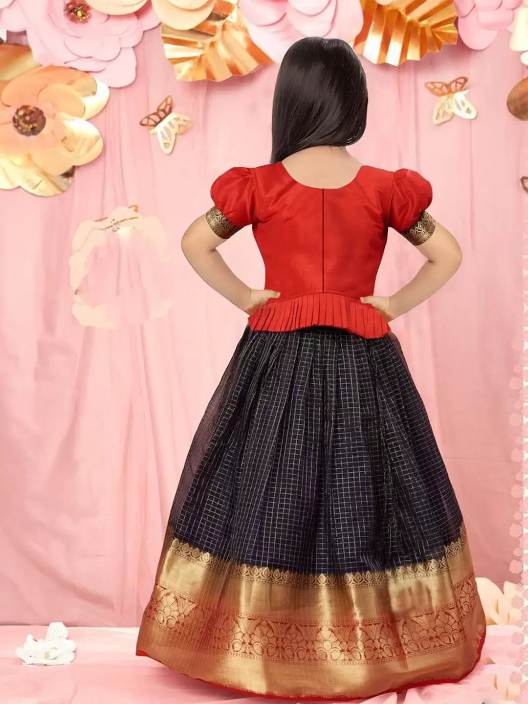 GIRL'S TISSUE CHECKS  READYMADE PATTU PAVADAI/LEHENGA CHOLI - RED & DARK BLUE