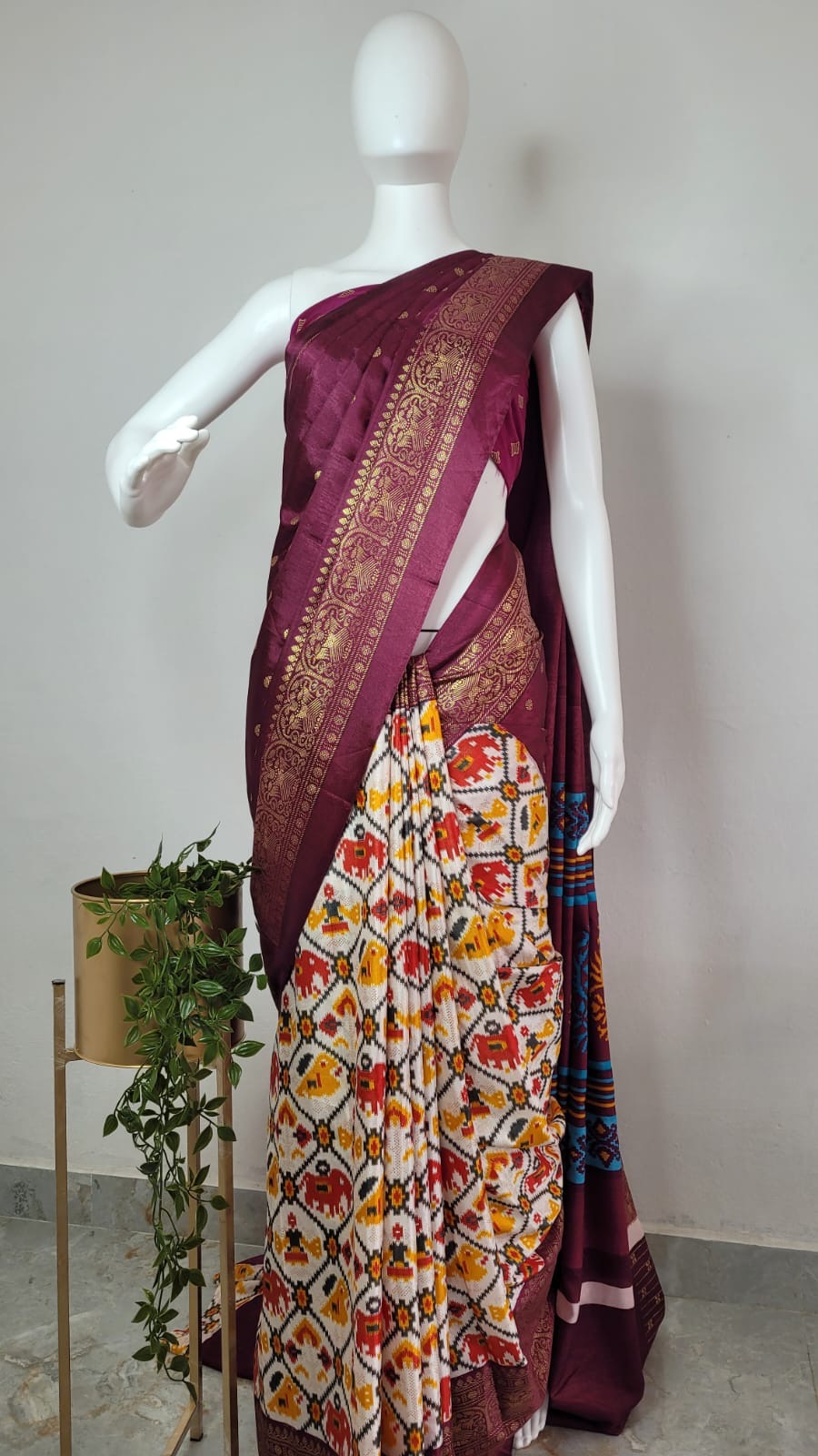 SEMI DOLLA PRINTED SAREE - MAROON & SANDAL