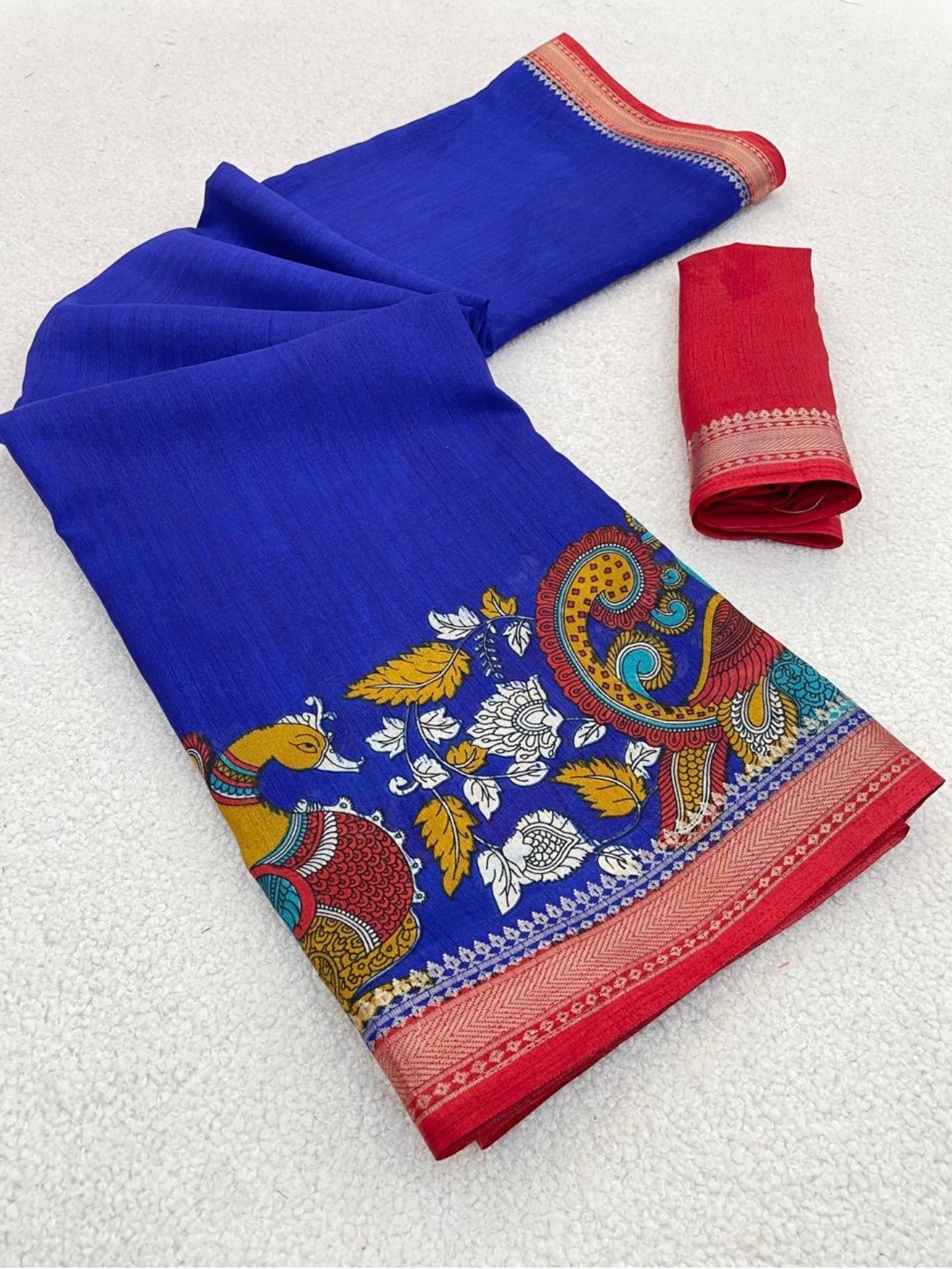KALAMKARI SMALL BORDER BOUTIQUE SAREE - ROYAL BLUE