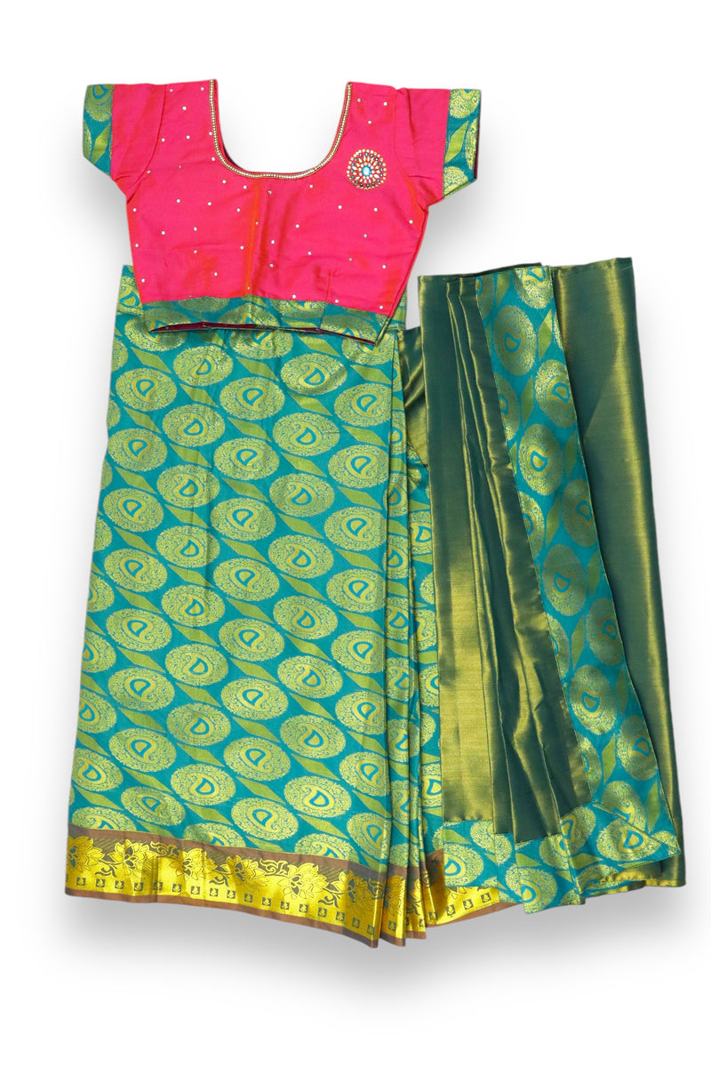 KIDS GIRLS PATTU PAVADAI/HALF SAREE - PINK & TEAL