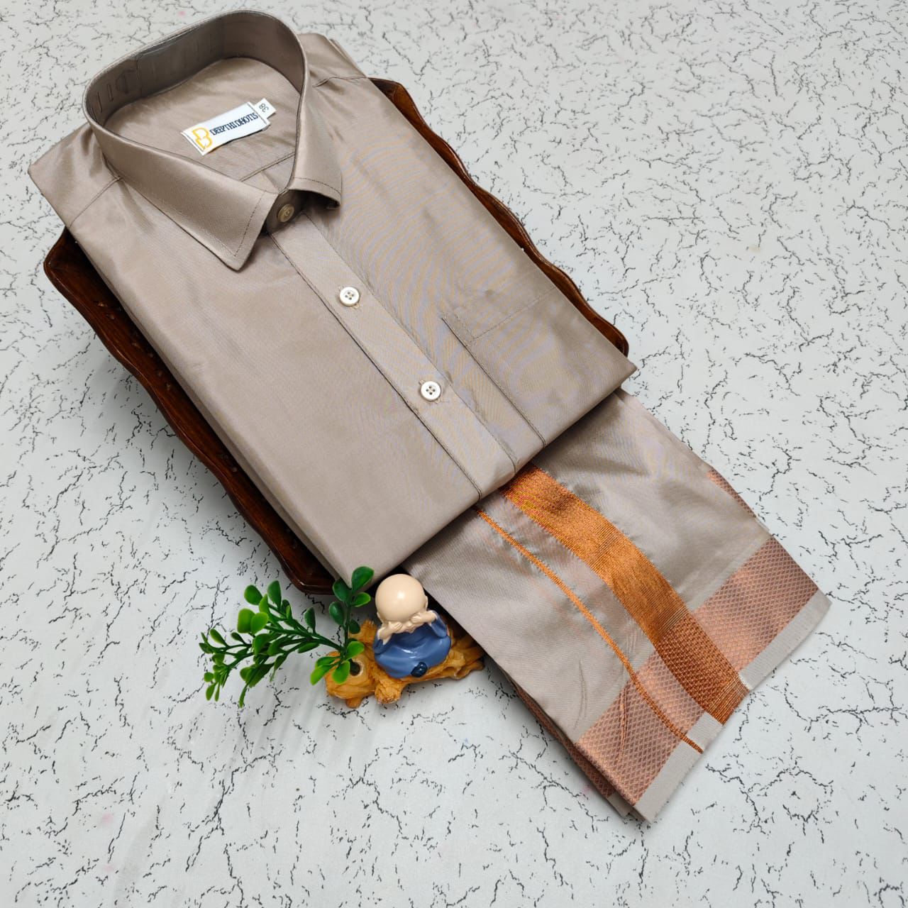 MEN'S PREMIUM SILK VELCRO DHOTI SHIRT SET - SANDSTONE