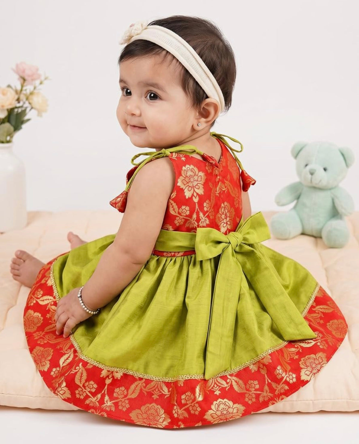 BABY GIRL STYLISH BANARASI SILK FROCK WITH MATCHING BOW - GREEN & RED
